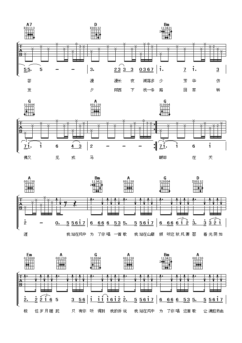 我为你走过吉他谱 D调扫弦版_阿潘音乐工场编配_满文军