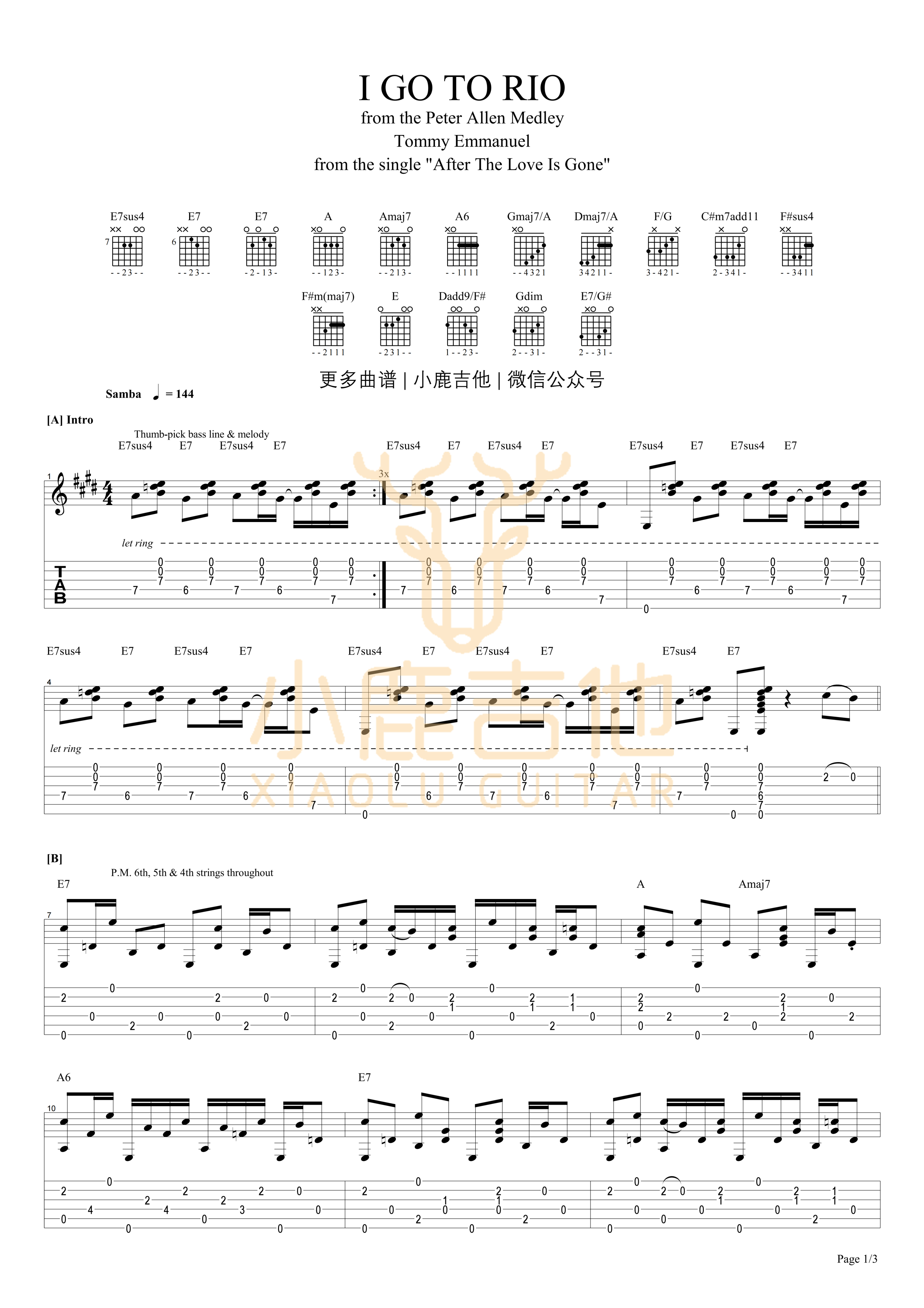 I Go To Rio-Tommy Emmanuel指弹吉他谱（小鹿吉他）-吉他谱_吉他弹唱六线谱_指弹吉他谱_吉他教学视频 - 民谣吉他网