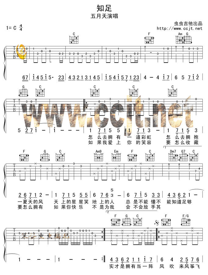 知足吉他谱 C调_虫虫吉他版本_五月天-吉他谱_吉他弹唱六线谱_指弹吉他谱_吉他教学视频 - 民谣吉他网