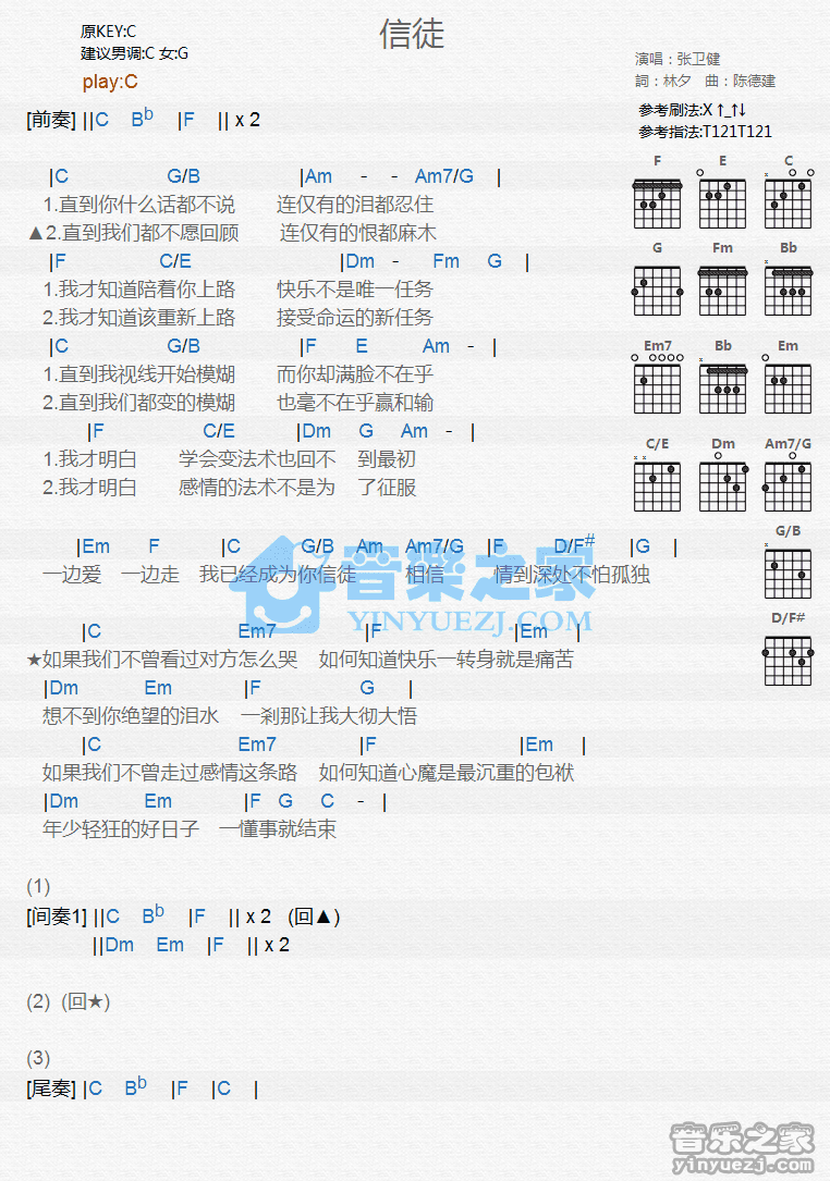 信徒吉他谱 G调和弦谱_音乐之家编配_张卫健-吉他谱_吉他弹唱六线谱_指弹吉他谱_吉他教学视频 - 民谣吉他网