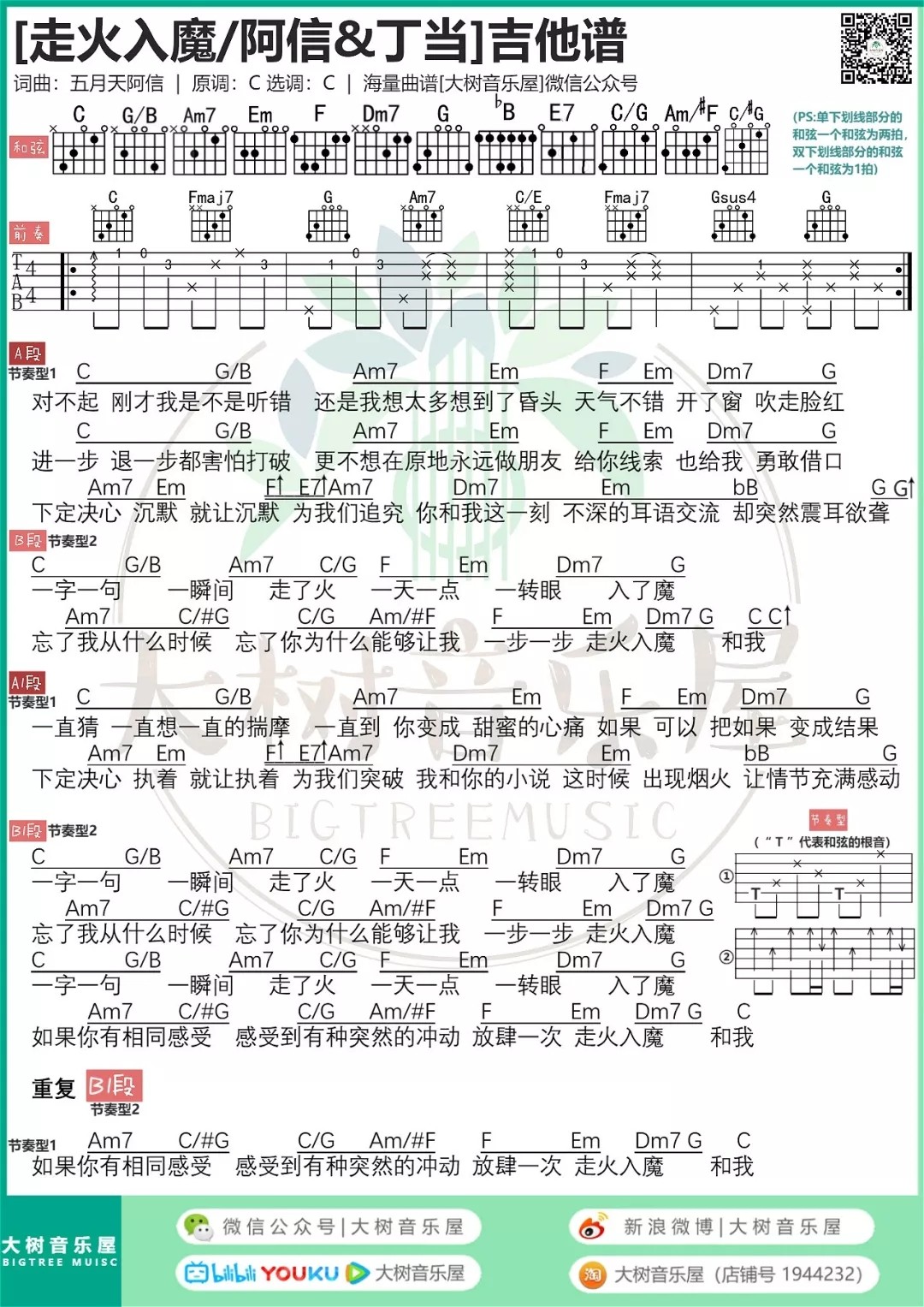 走火入魔吉他谱 C调_大树音乐屋编配_五月天-吉他谱_吉他弹唱六线谱_指弹吉他谱_吉他教学视频 - 民谣吉他网