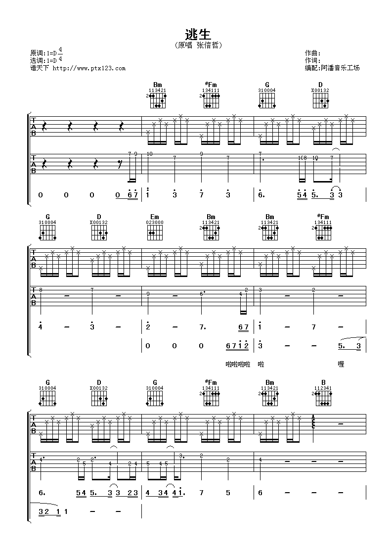 逃生吉他谱 D调_阿潘音乐工场编配_张信哲-吉他谱_吉他弹唱六线谱_指弹吉他谱_吉他教学视频 - 民谣吉他网