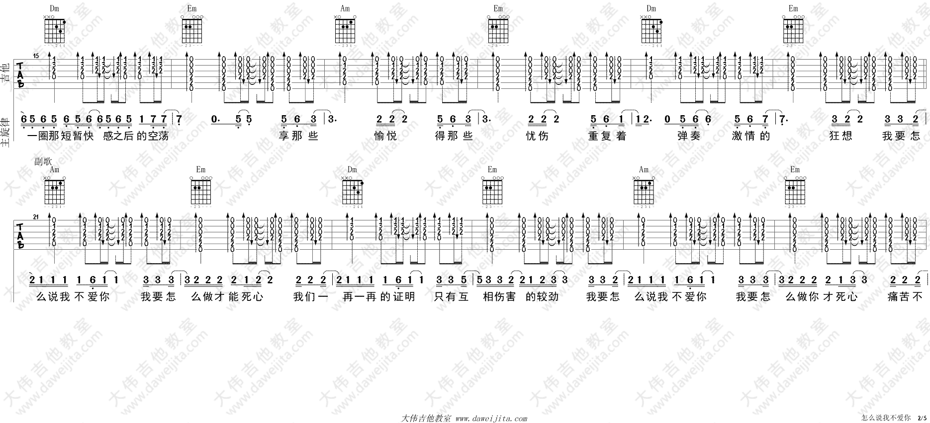 怎么说我不爱你吉他谱 C调进阶版_大伟吉他教室编配_萧敬腾