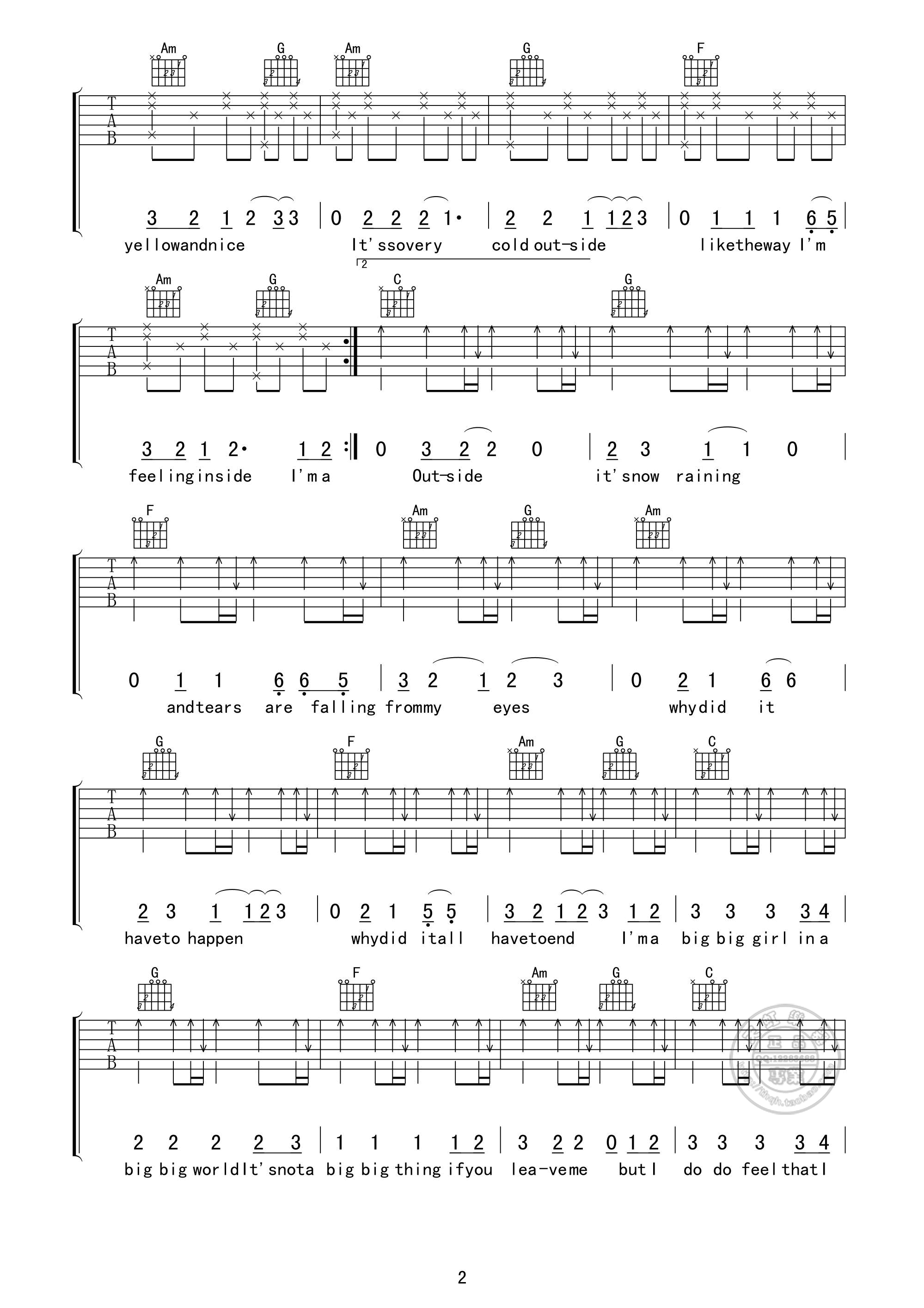 Big Big World吉他谱 C调高清版_天虹乐器编配_Emilia