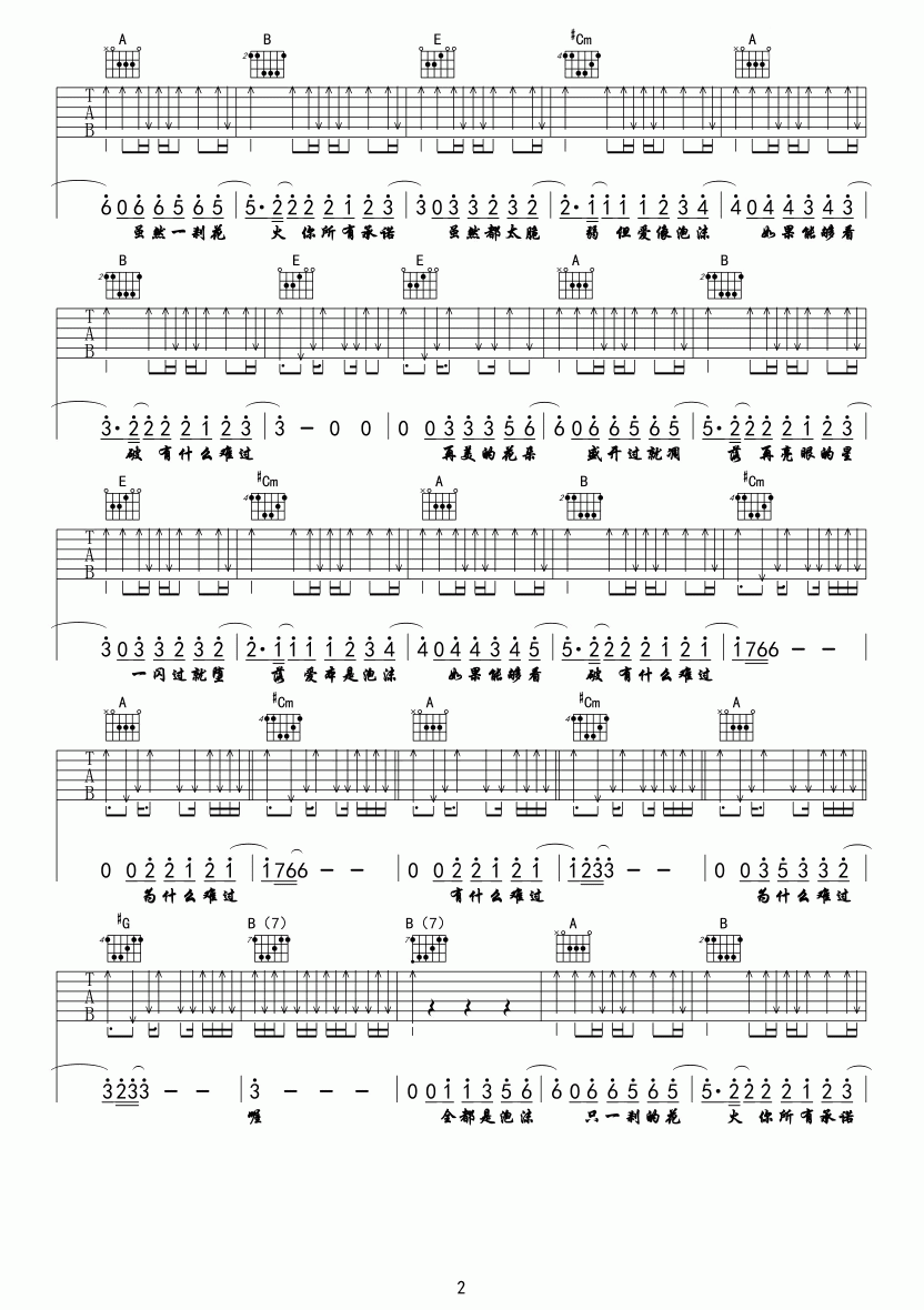 泡沫吉他谱 C调六线谱_博艺琴行编配_邓紫棋