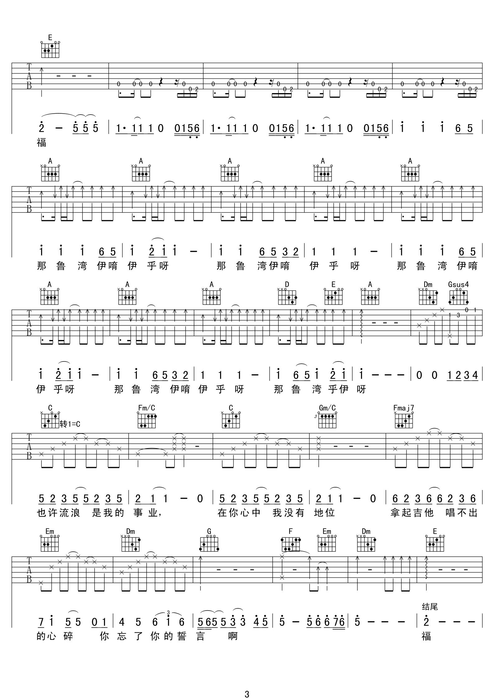 除了爱你还能爱谁吉他谱 C调精选版_中文吉他音乐社区编配_动力火车