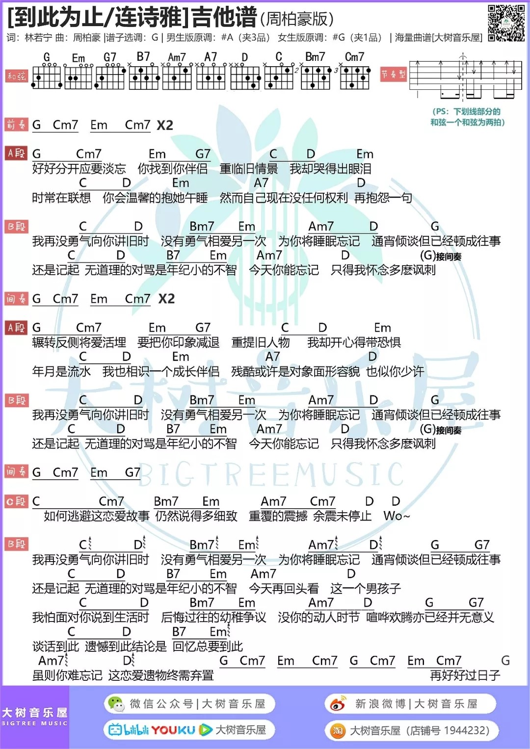 到此为止吉他谱 A调_大树音乐屋编配_周柏豪-吉他谱_吉他弹唱六线谱_指弹吉他谱_吉他教学视频 - 民谣吉他网