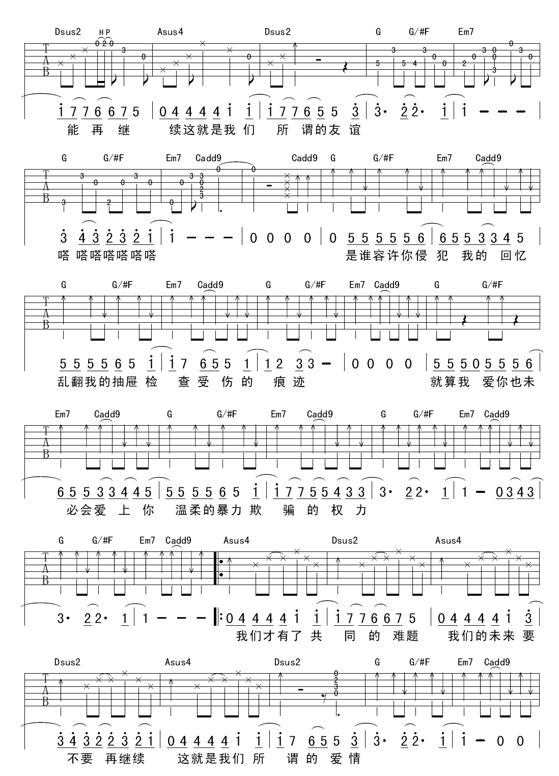 倔强爱情的胜利吉他谱 G调高清版_李晖编配_陈绮贞