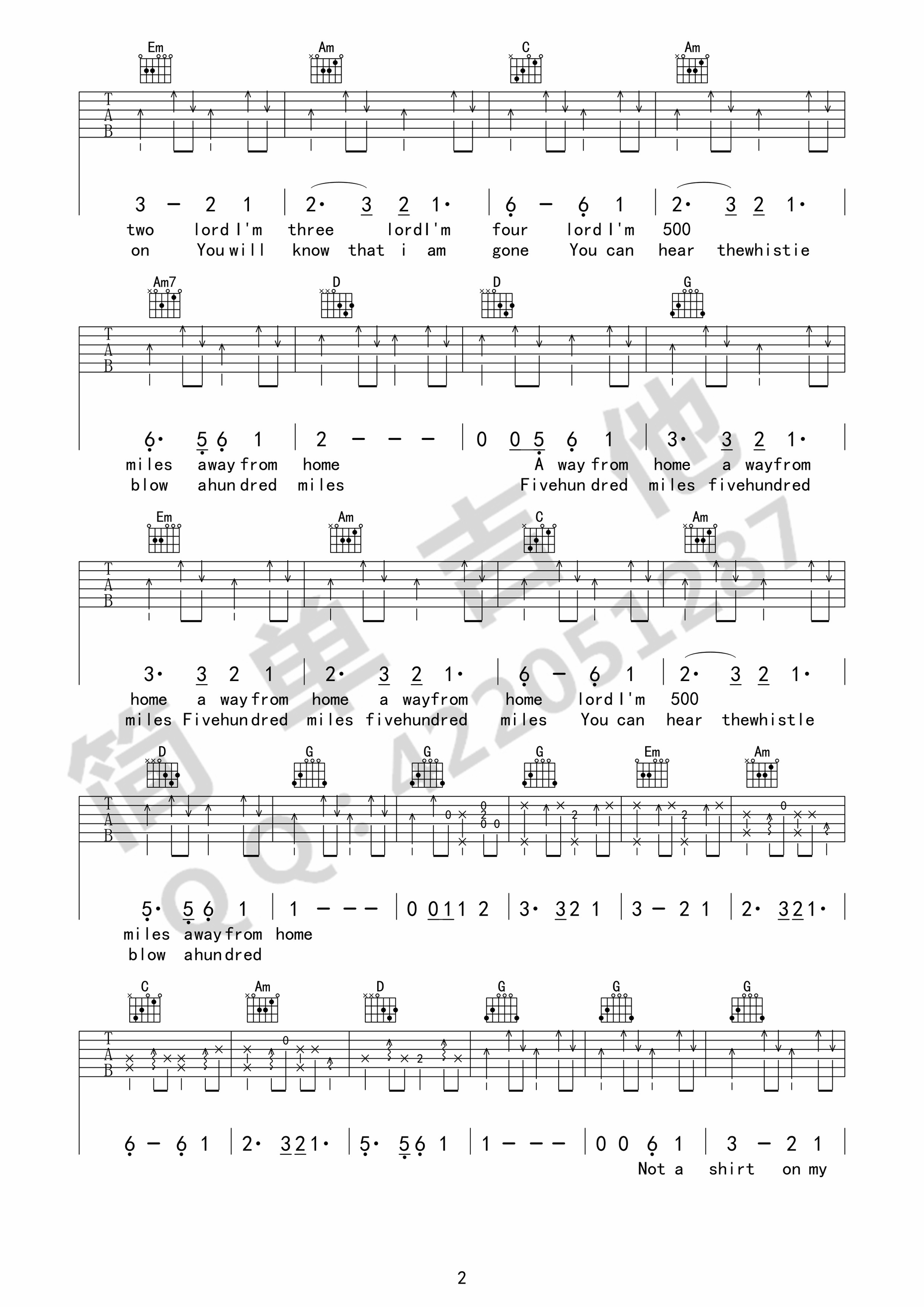 500 miles吉他谱 G调六线谱_简单吉他编配_the journeymen