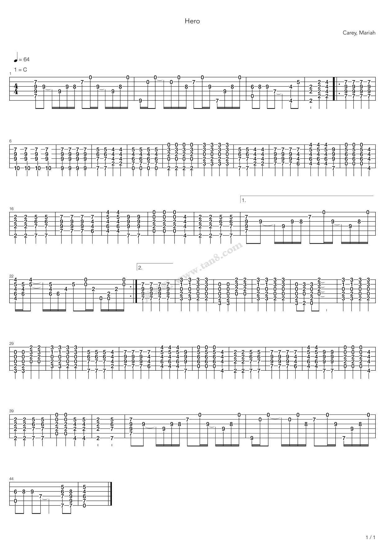 hero指弹谱 C调六线谱_弹琴吧编配_Mariah Carey-吉他谱_吉他弹唱六线谱_指弹吉他谱_吉他教学视频 - 民谣吉他网