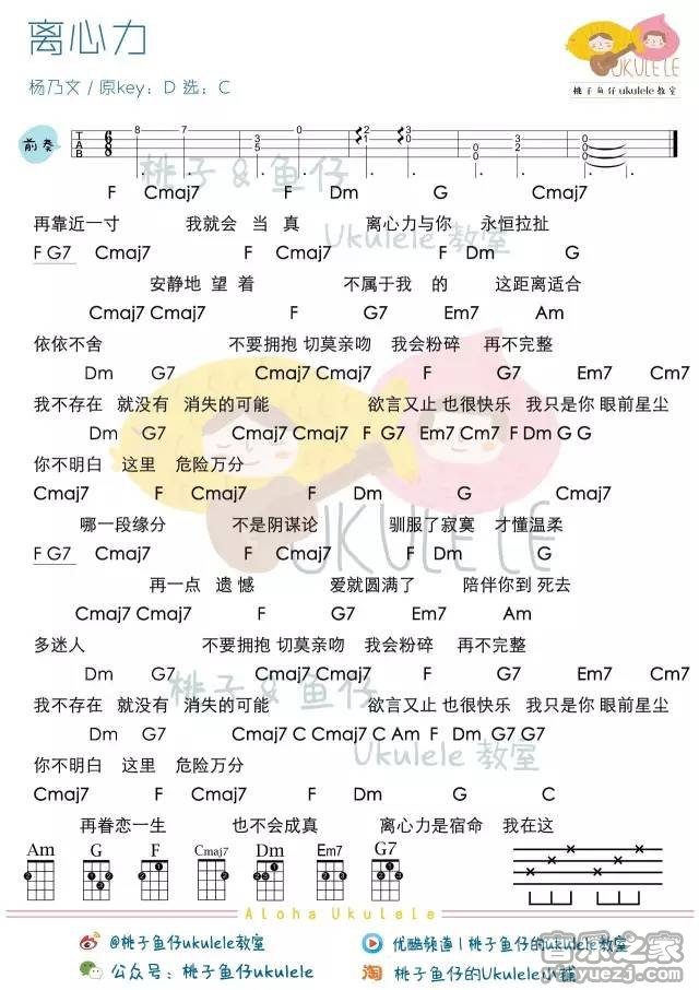 离心力吉他谱 C调和弦谱_桃子鱼仔编配_杨乃文-吉他谱_吉他弹唱六线谱_指弹吉他谱_吉他教学视频 - 民谣吉他网