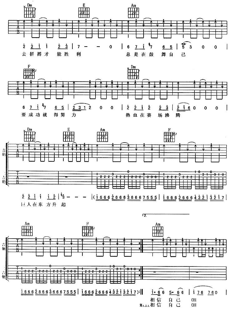相信自己吉他谱 C调六线谱_虫虫吉他编配_零点乐队