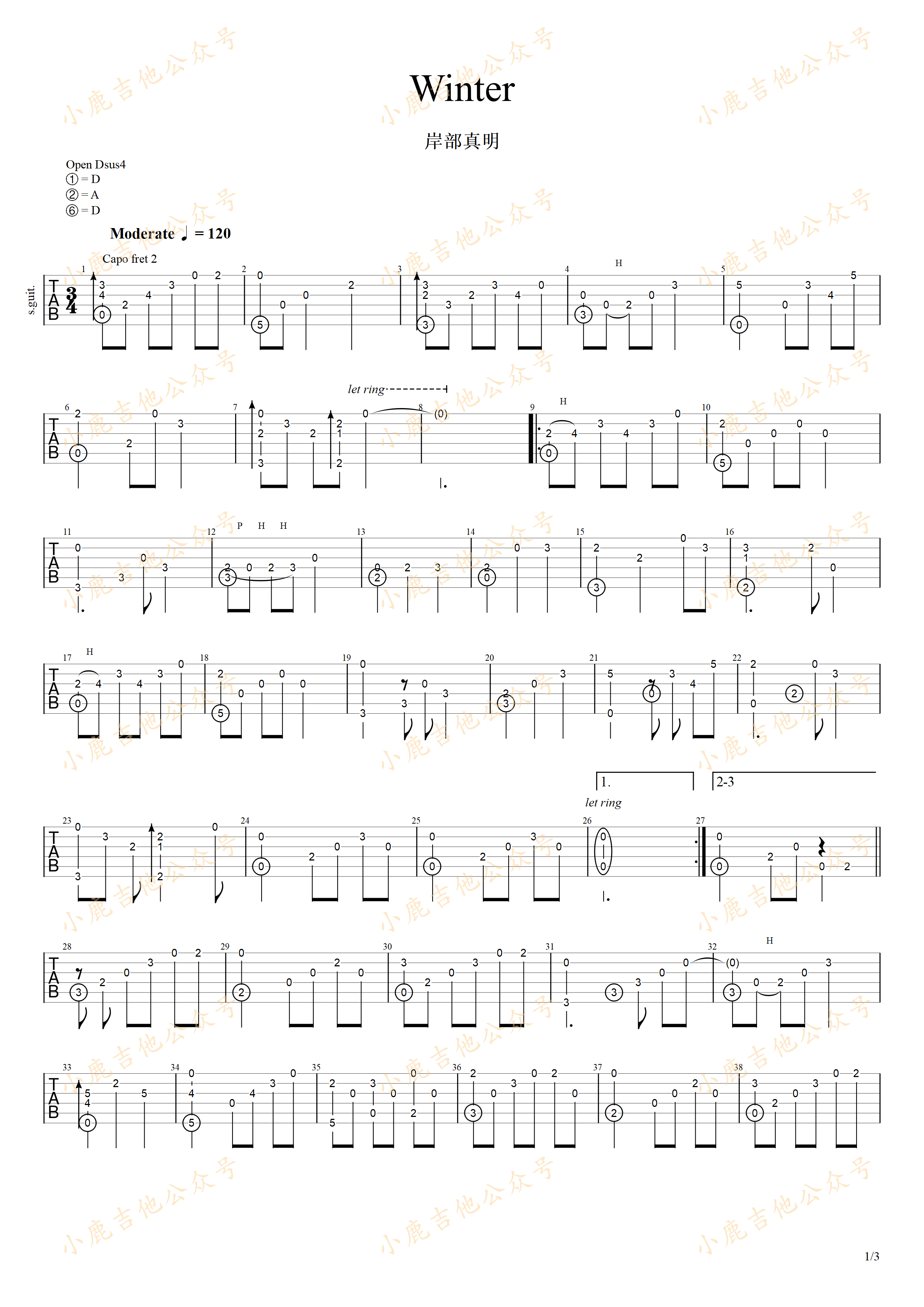 Winter-岸部真明 指弹吉他谱（小鹿吉他）-吉他谱_吉他弹唱六线谱_指弹吉他谱_吉他教学视频 - 民谣吉他网