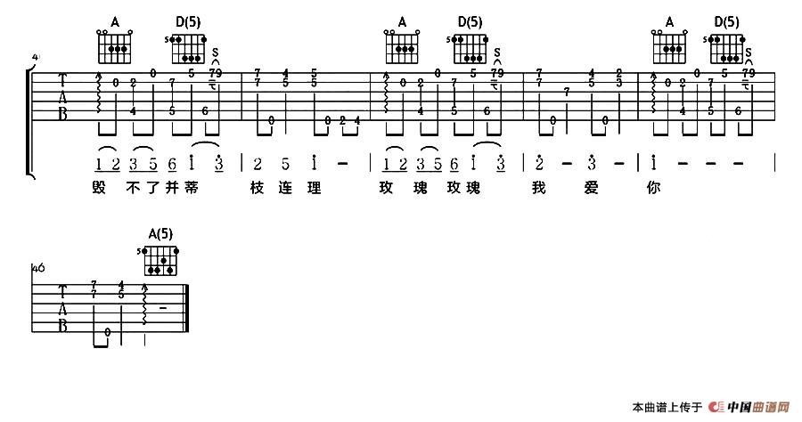 玫瑰玫瑰我爱你吉他谱 A调女生版_吉他大本营编配_王若琳