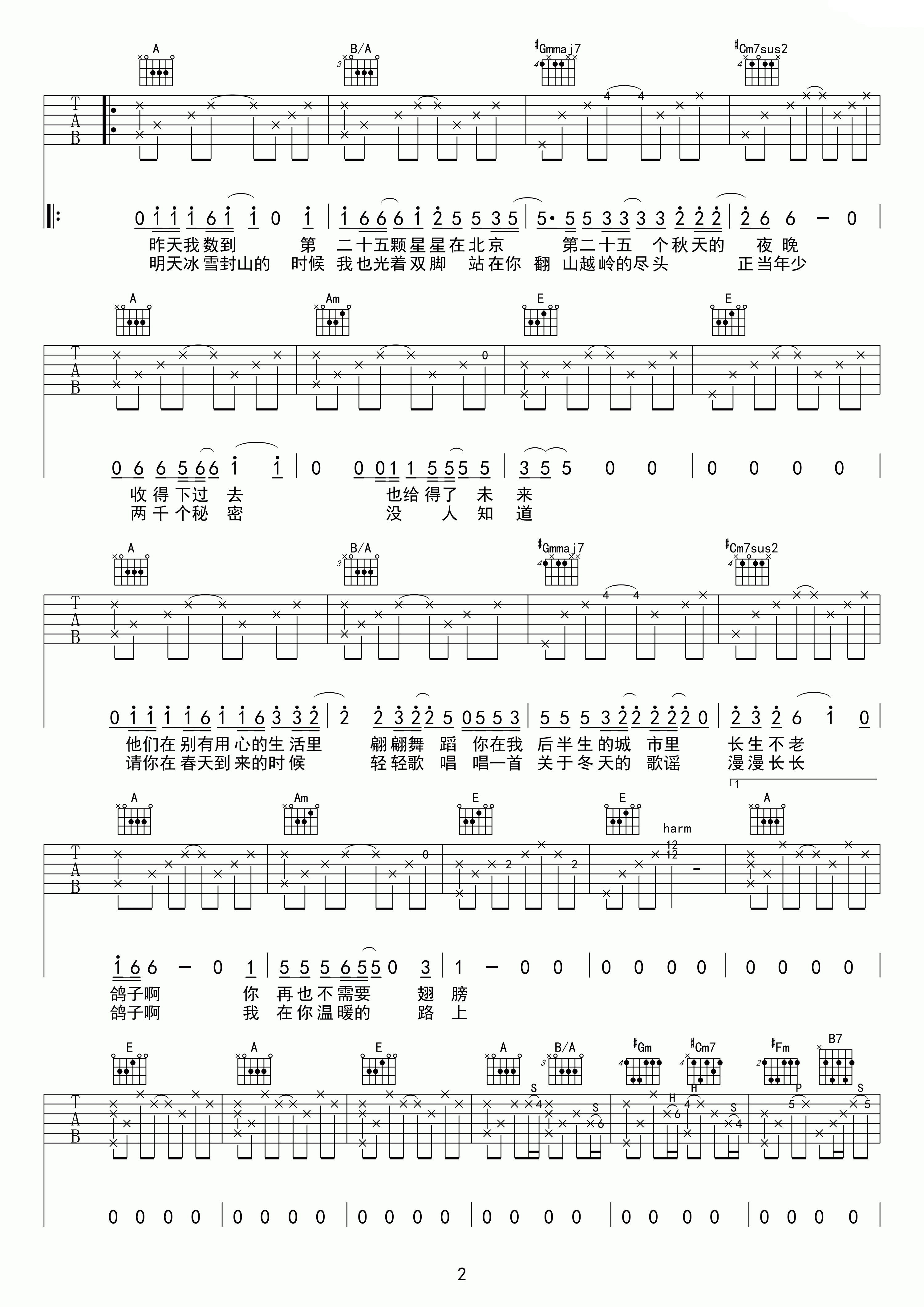 鸽子吉他谱 E调简单版_宋冬野