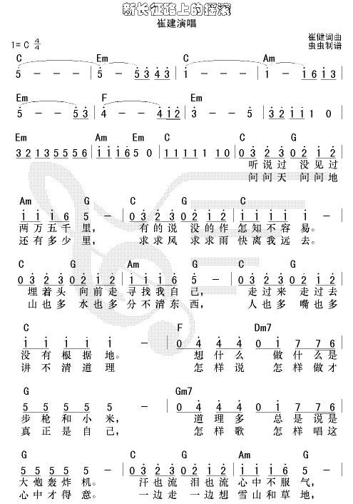 新长征路上的摇滚吉他谱 C调和弦谱_虫虫吉他编配_崔健-吉他谱_吉他弹唱六线谱_指弹吉他谱_吉他教学视频 - 民谣吉他网