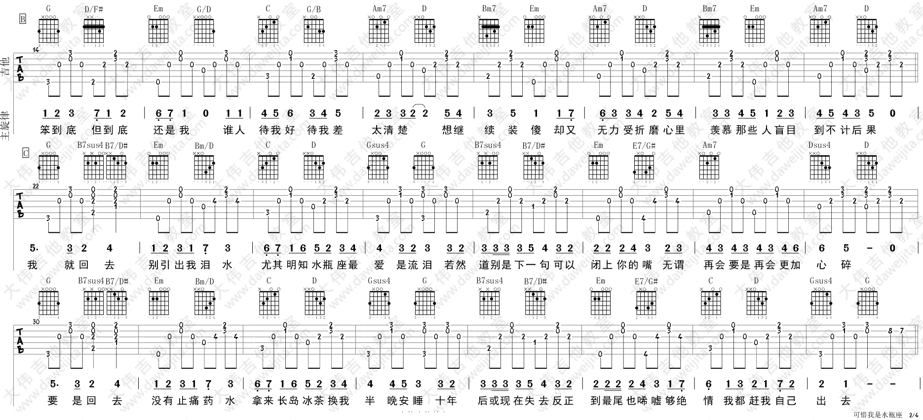 可惜我是水瓶座吉他谱 G调附视频_大伟吉他教室编配_杨千嬅
