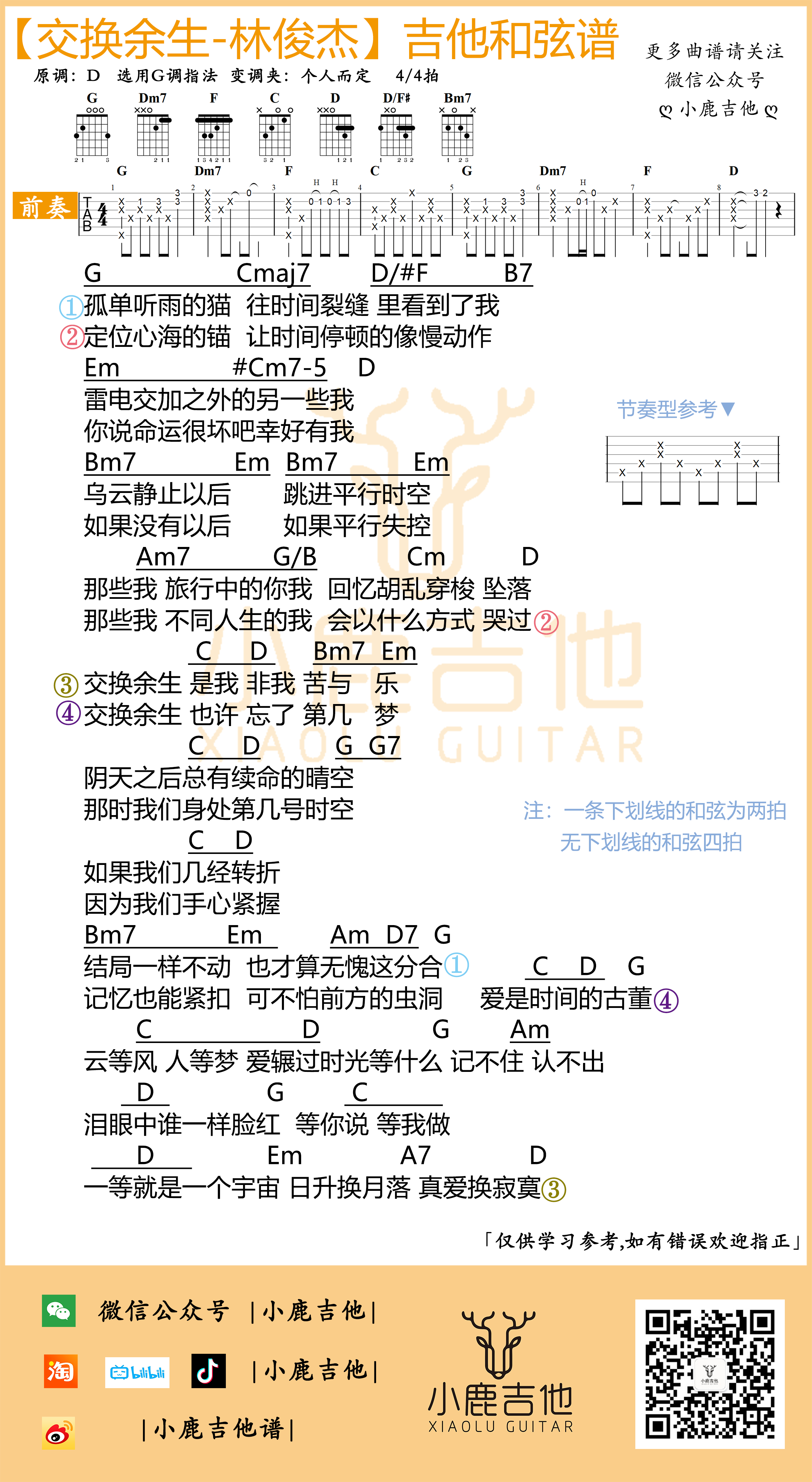 交换余生吉他谱林俊杰_G调指法编配_小鹿吉他-吉他谱_吉他弹唱六线谱_指弹吉他谱_吉他教学视频 - 民谣吉他网