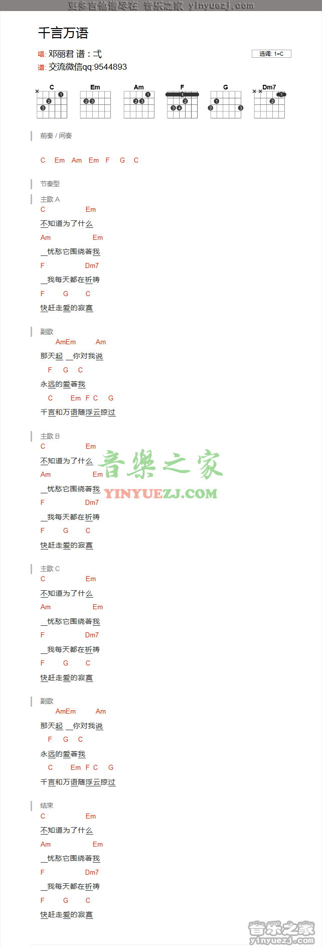 千言万语吉他谱 C调和弦谱_音乐之家编配_邓丽君-吉他谱_吉他弹唱六线谱_指弹吉他谱_吉他教学视频 - 民谣吉他网