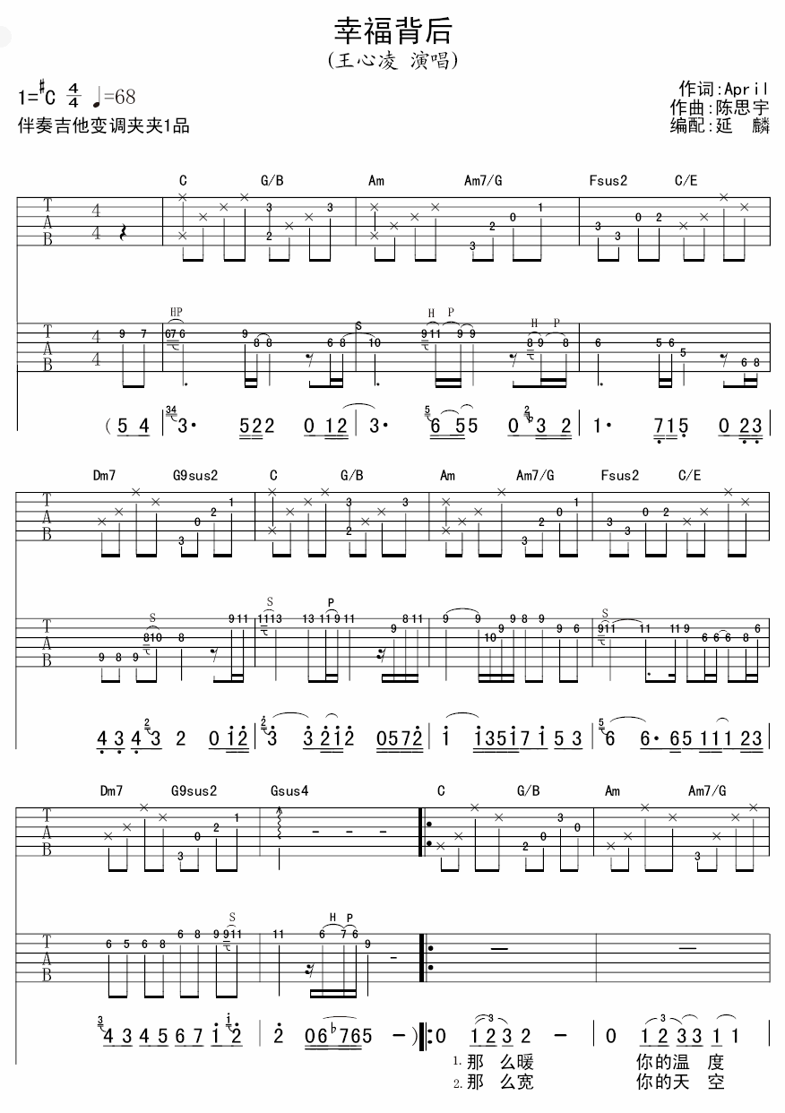 幸福背后吉他谱 C调附前奏_延麟编配_王心凌-吉他谱_吉他弹唱六线谱_指弹吉他谱_吉他教学视频 - 民谣吉他网