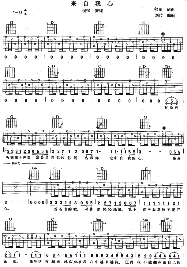 来自我心吉他谱 G调附前奏_刘传编配_老狼-吉他谱_吉他弹唱六线谱_指弹吉他谱_吉他教学视频 - 民谣吉他网