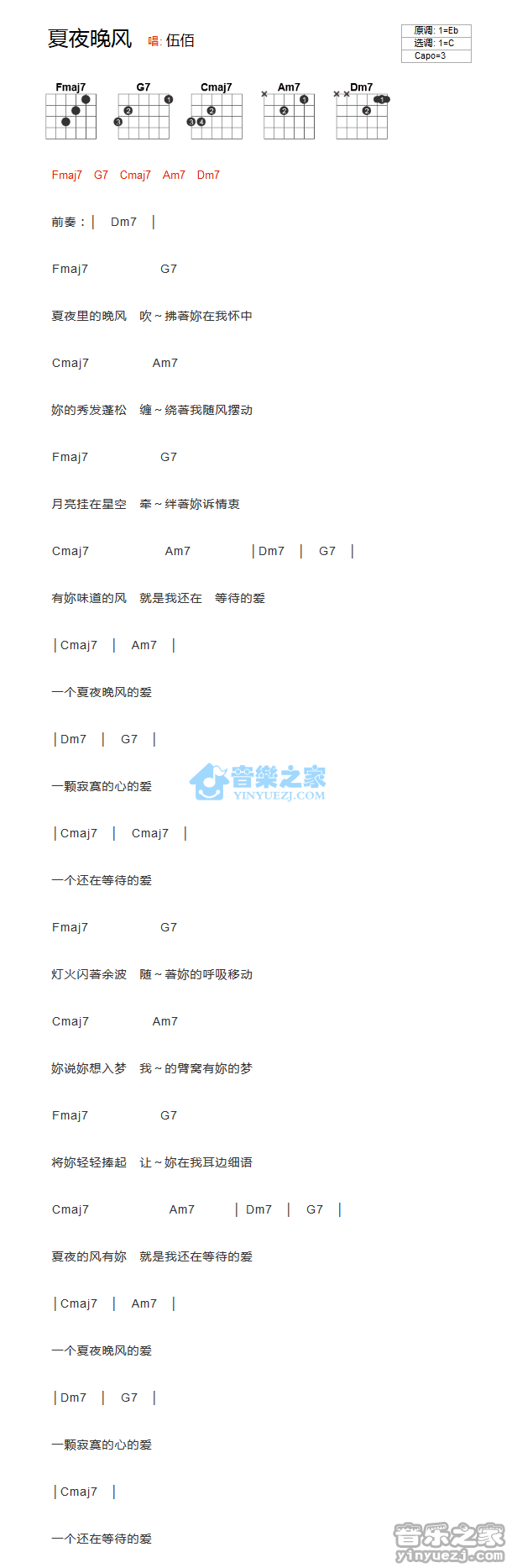 夏夜晚风吉他谱 C调和弦谱_音乐之家编配_伍佰-吉他谱_吉他弹唱六线谱_指弹吉他谱_吉他教学视频 - 民谣吉他网