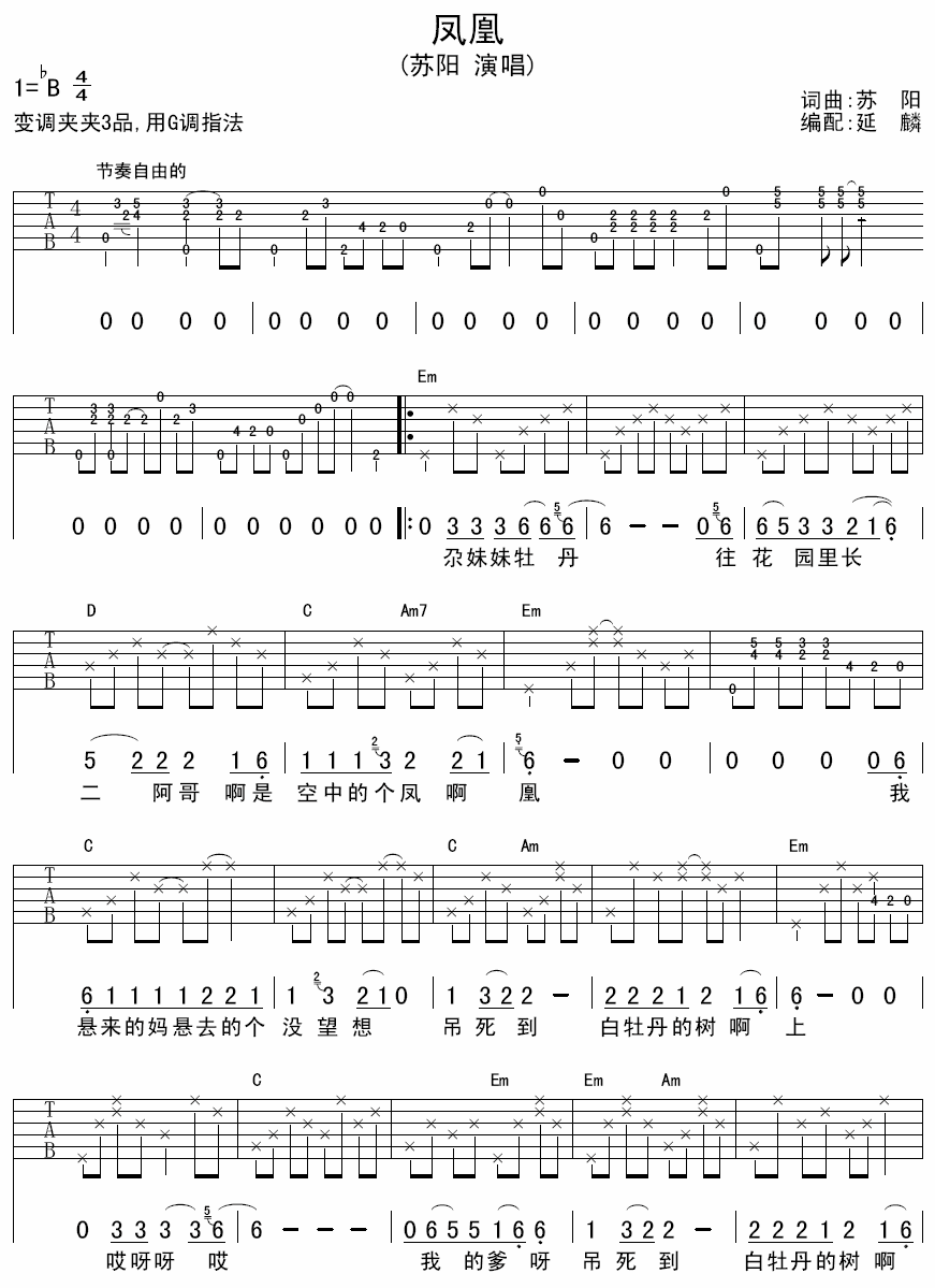 凤凰吉他谱 B调六线谱_延麟编配_苏阳-吉他谱_吉他弹唱六线谱_指弹吉他谱_吉他教学视频 - 民谣吉他网