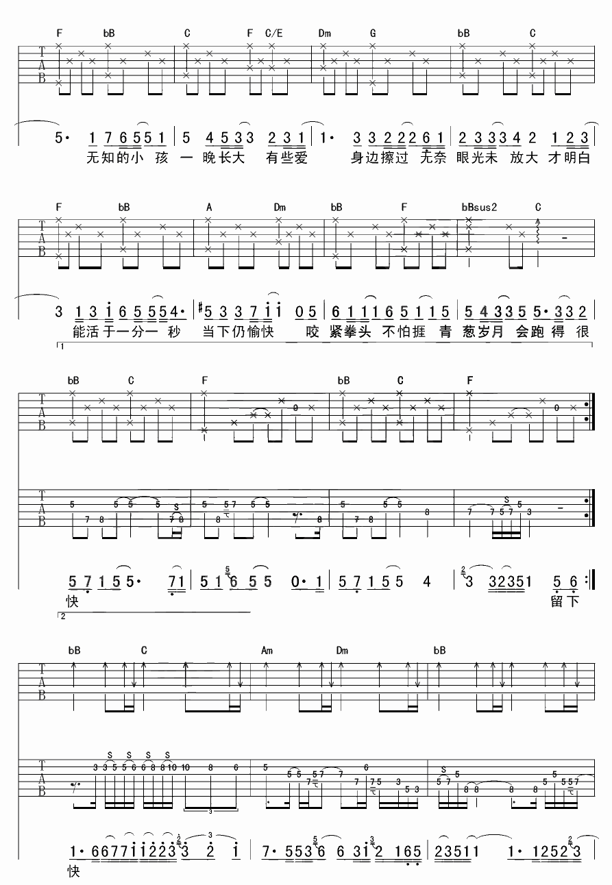 一晚长大吉他谱 F调六线谱_苏波编配_刘德华