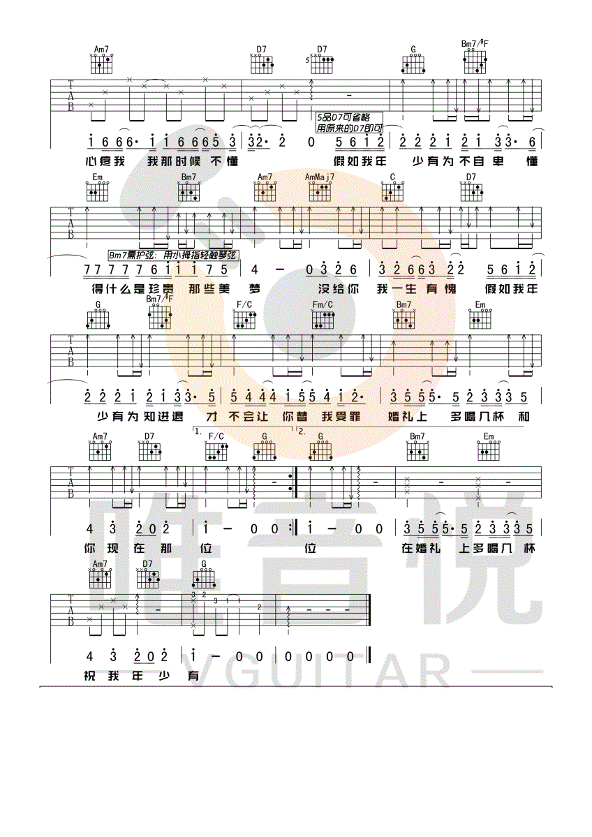 年少有为吉他谱 G调简单版_唯音悦编配_李荣浩
