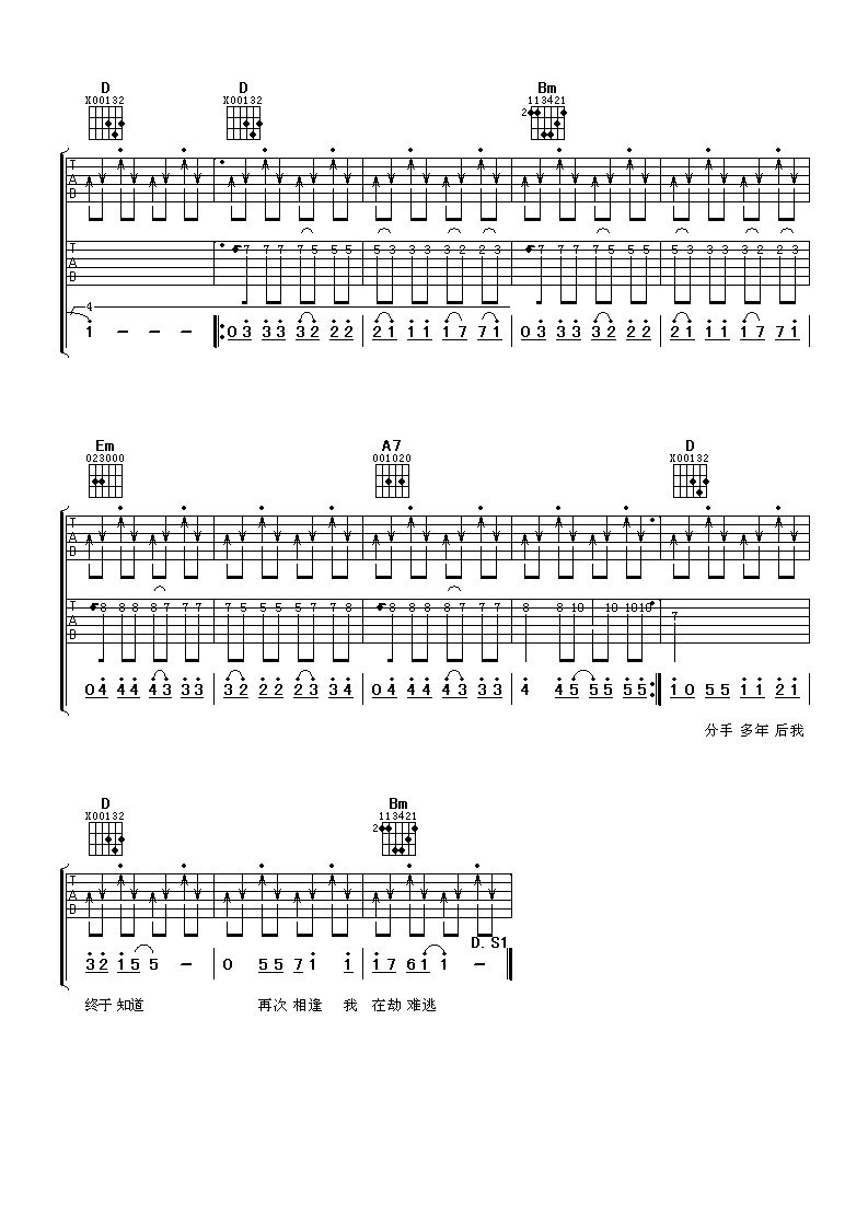 情人劫吉他谱 D调男生版_阿潘音乐工场编配_老狼