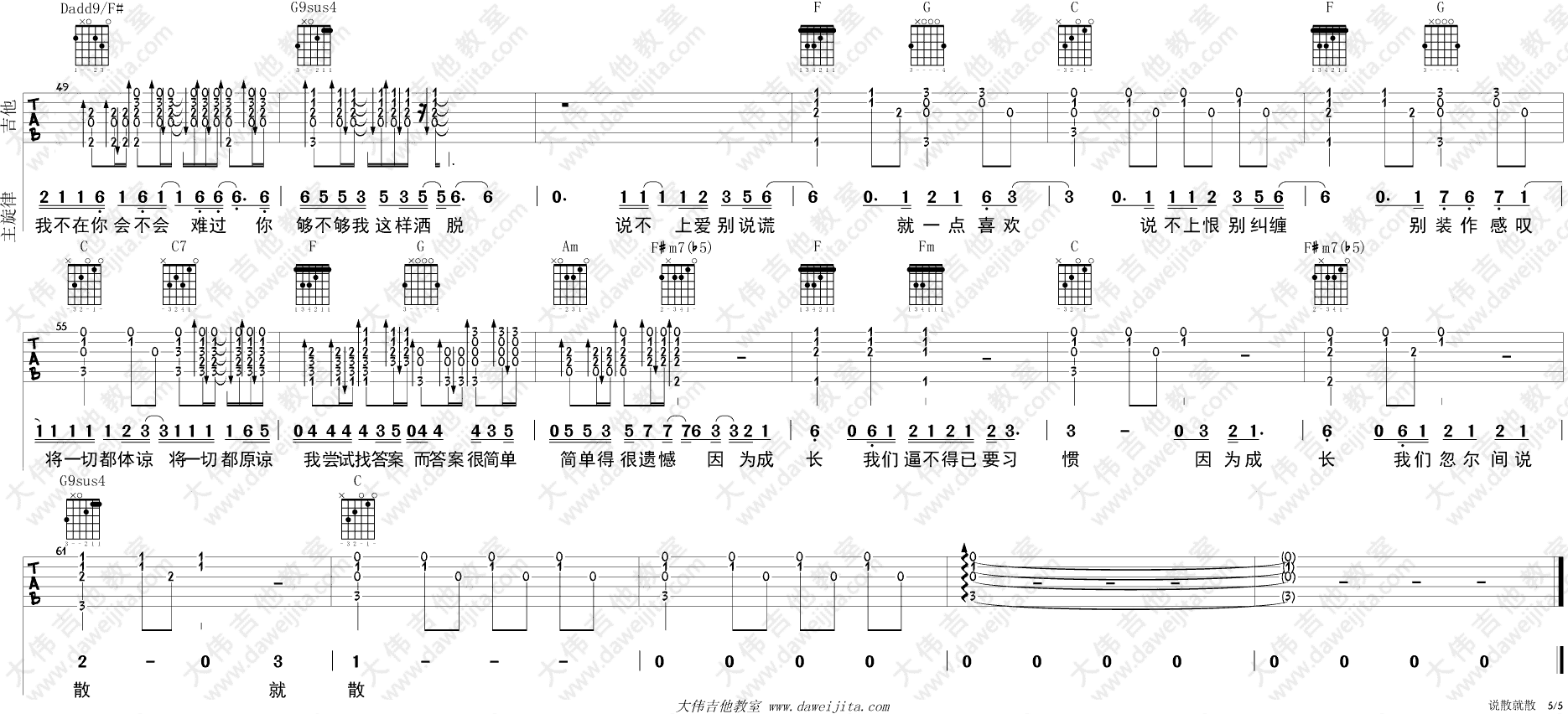 说散就散吉他谱 C调进阶版_大伟吉他教室编配_JC
