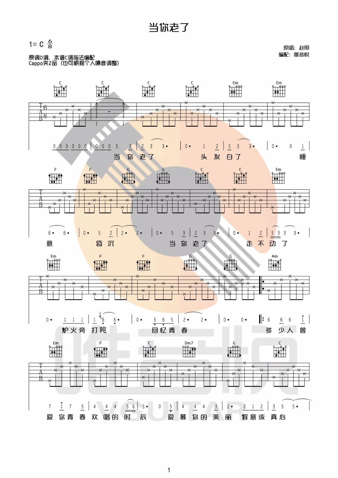 当你老了吉他谱 C调_唯音悦编配_赵照-吉他谱_吉他弹唱六线谱_指弹吉他谱_吉他教学视频 - 民谣吉他网