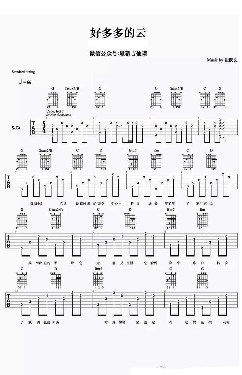 好多多的云吉他谱 C调六线谱_最新吉他谱编配_崔跃文-吉他谱_吉他弹唱六线谱_指弹吉他谱_吉他教学视频 - 民谣吉他网