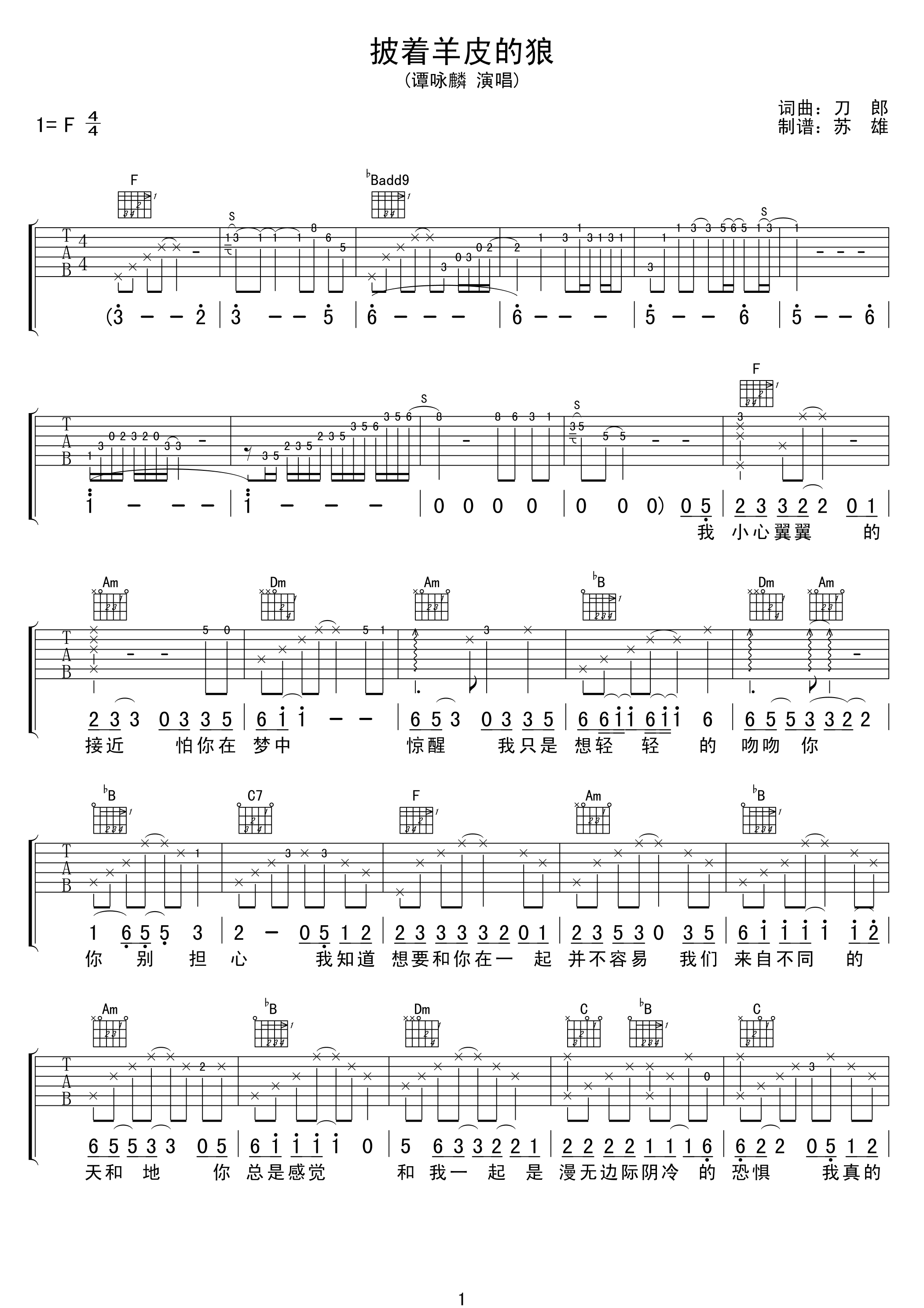 披着羊皮的狼吉他谱 F调精选版_苏雄编配_谭咏麟-吉他谱_吉他弹唱六线谱_指弹吉他谱_吉他教学视频 - 民谣吉他网
