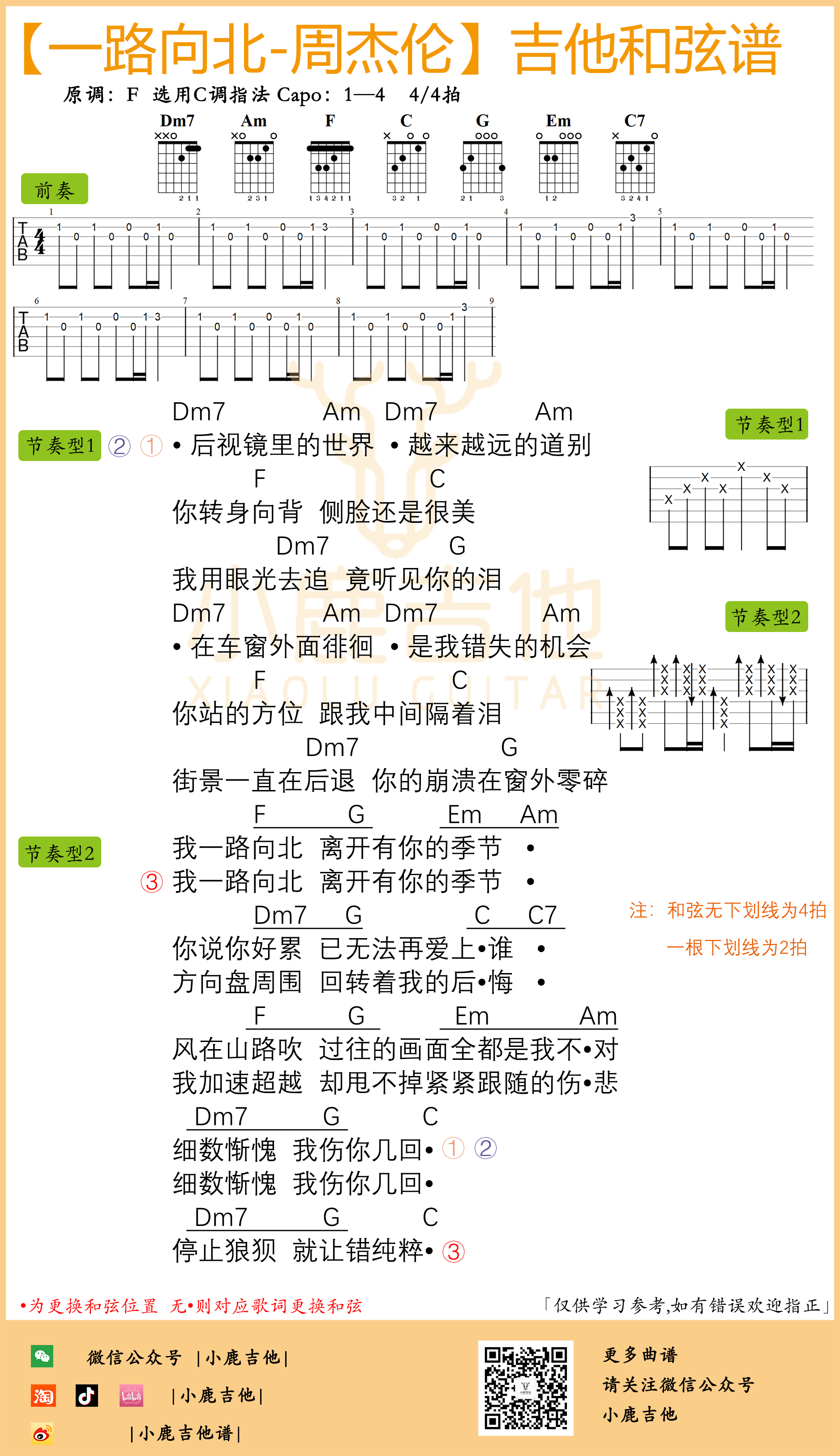 周杰伦一路向北吉他谱原版前奏（小鹿吉他）-吉他谱_吉他弹唱六线谱_指弹吉他谱_吉他教学视频 - 民谣吉他网