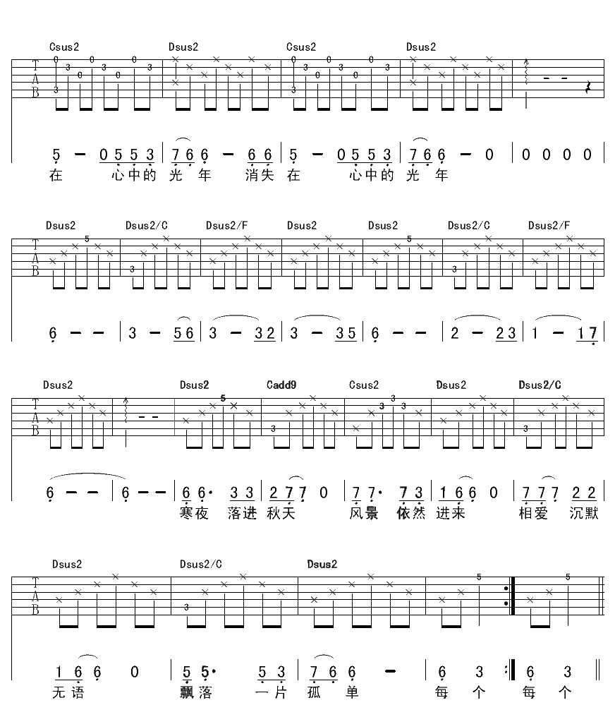 消失的光年吉他谱 F调六线谱_彼岸吉他编配_大乔小乔