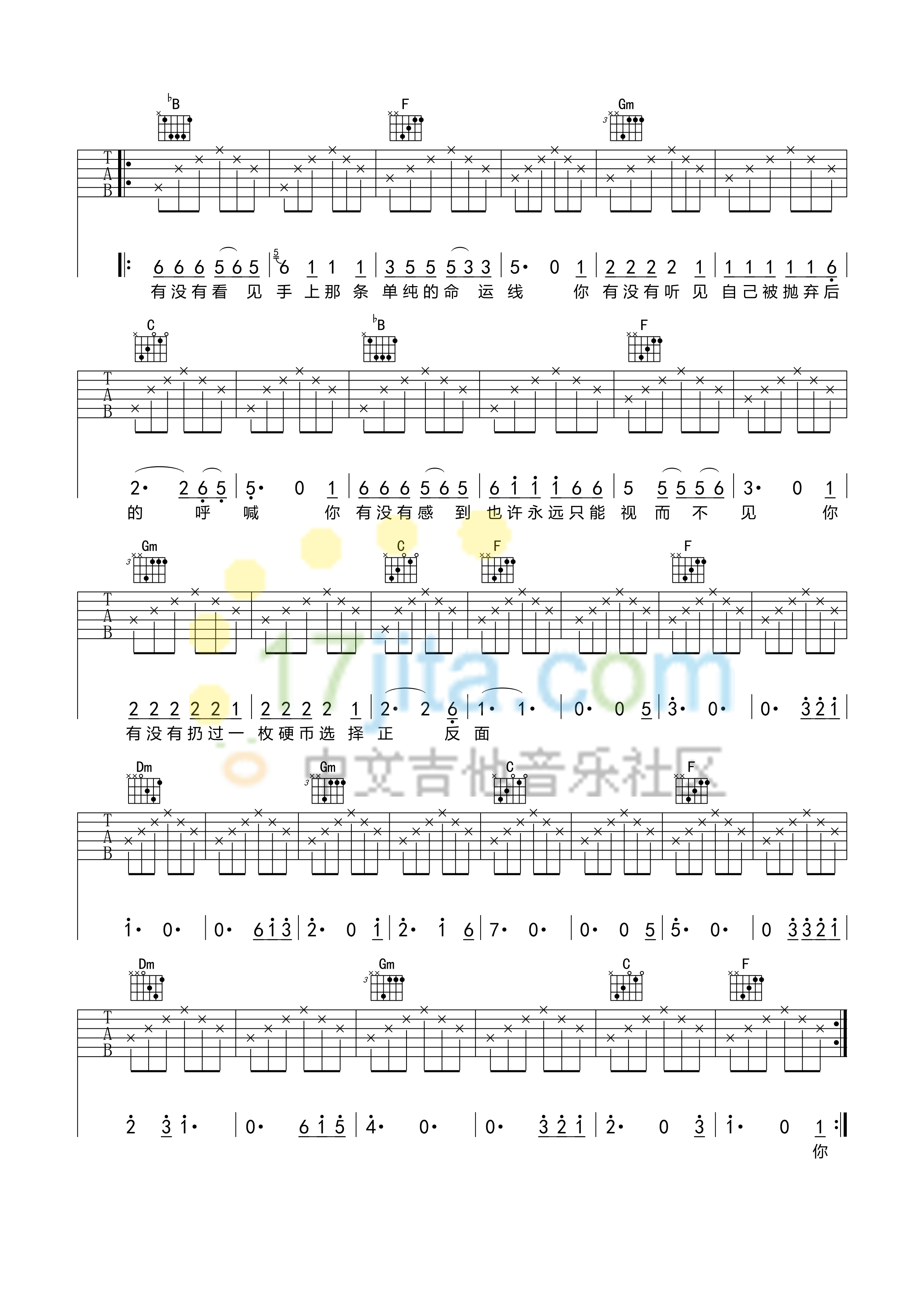 硬币吉他谱 F调简单版_中文吉他音乐社区编配_汪峰