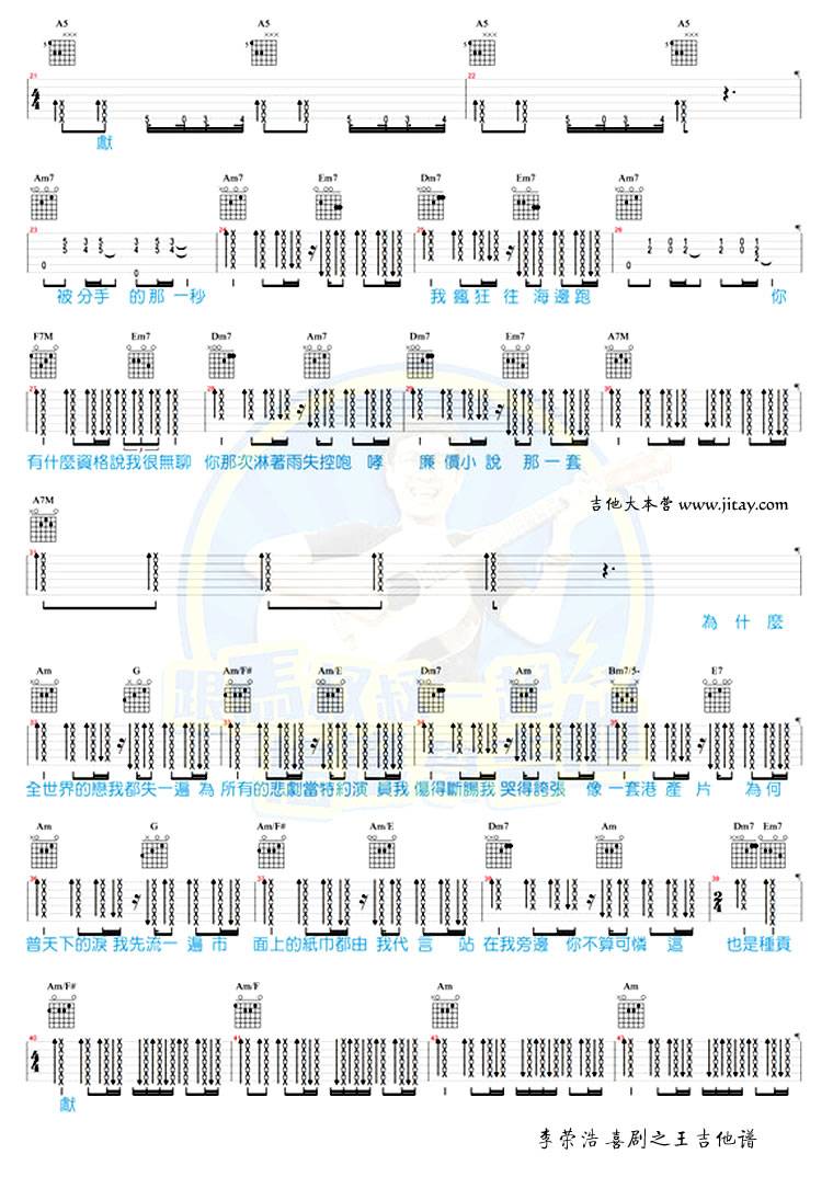 喜剧之王吉他谱 入门版_马叔叔编配_李荣浩
