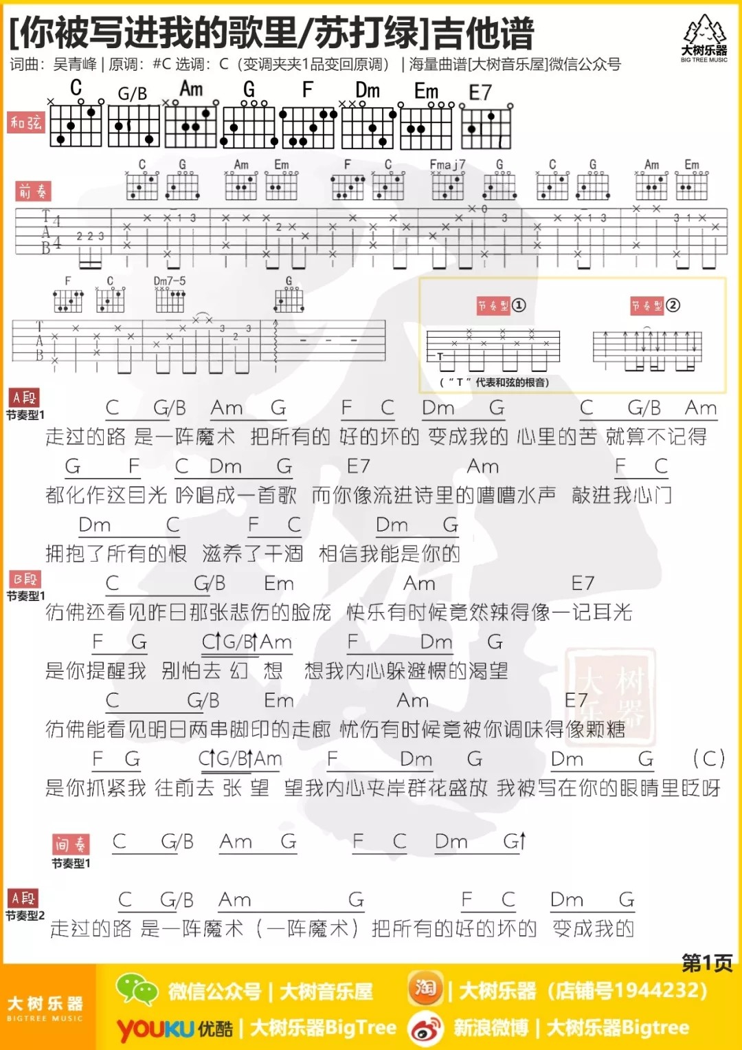 你被写进我的歌里吉他谱 C调_大树音乐屋编配_苏打绿-吉他谱_吉他弹唱六线谱_指弹吉他谱_吉他教学视频 - 民谣吉他网