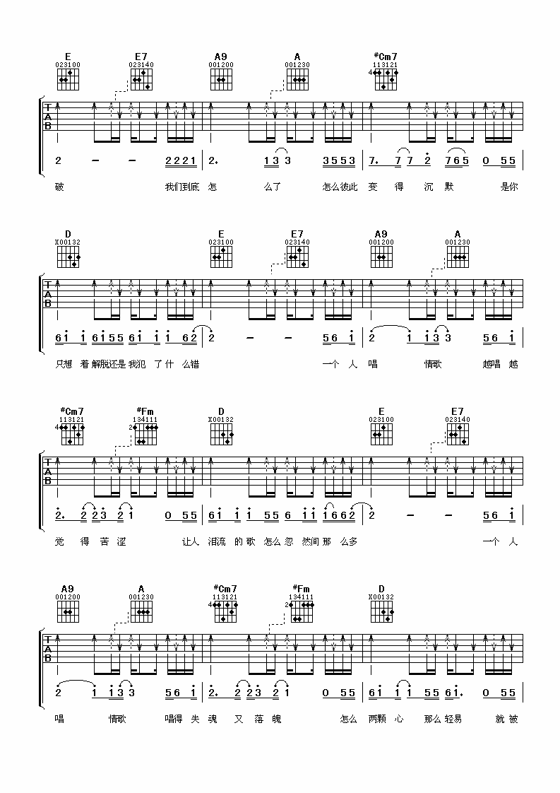 一个人唱情歌吉他谱 A调六线谱_阿潘音乐工场编配_陈楚生