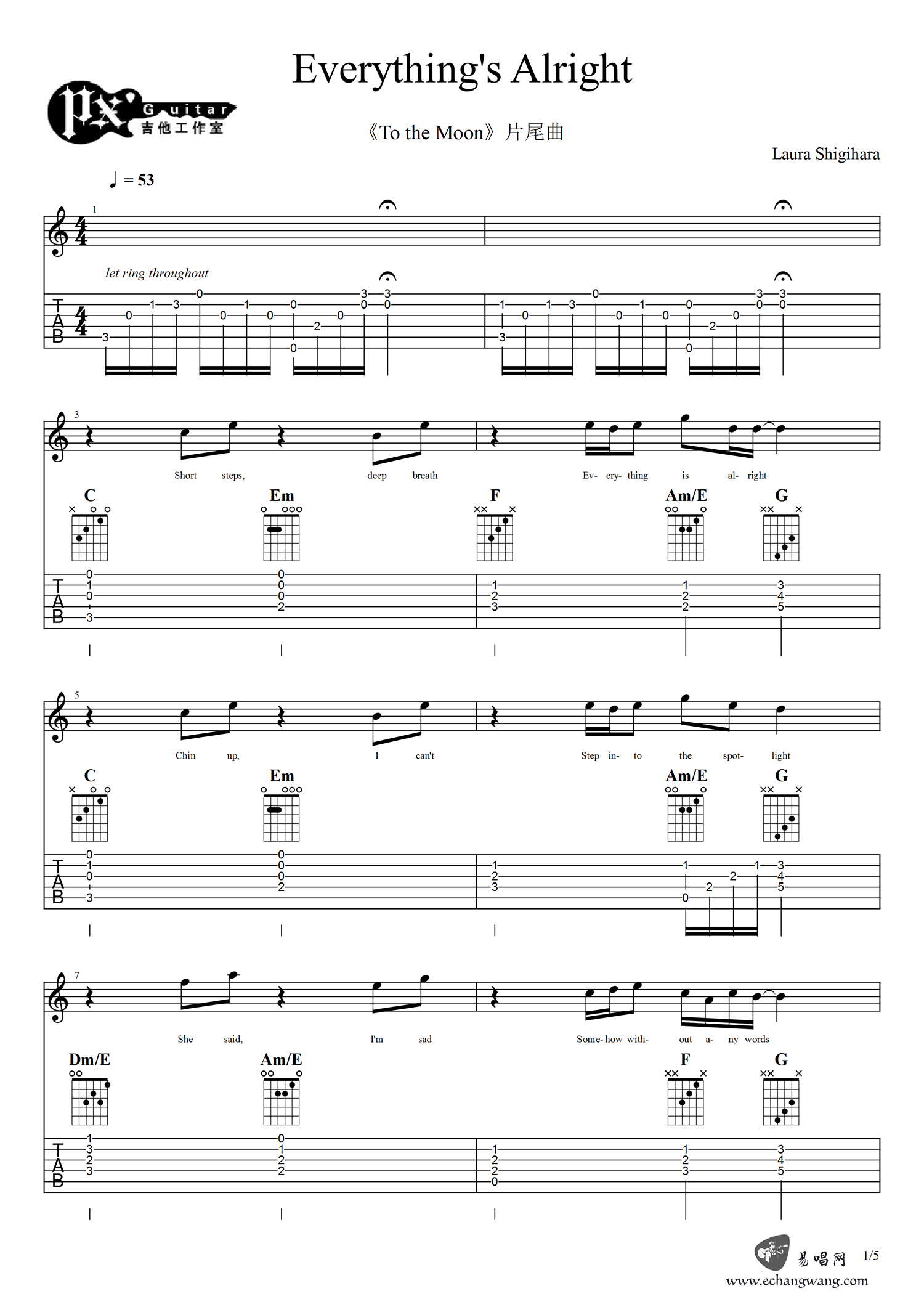 Everything's Alright吉他谱 原调六线谱_易唱网编配_劳拉·鴫-吉他谱_吉他弹唱六线谱_指弹吉他谱_吉他教学视频 - 民谣吉他网