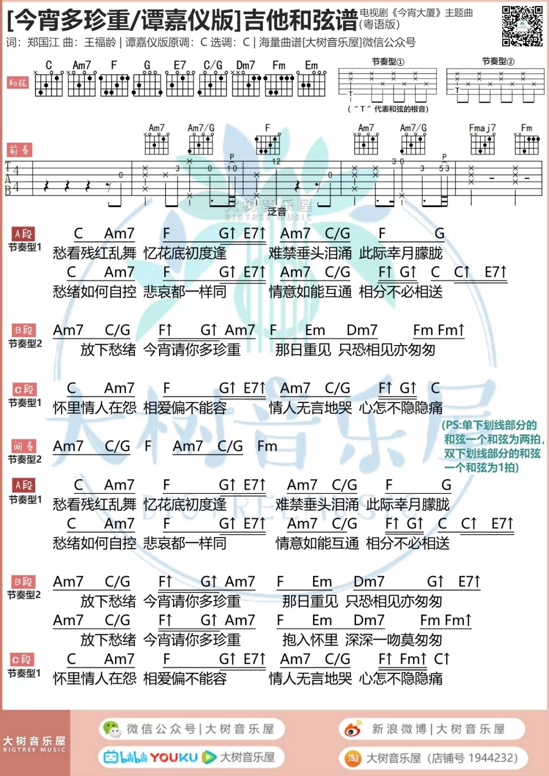 今宵多珍重吉他谱 C调和弦谱_大树音乐屋编配_谭嘉仪-吉他谱_吉他弹唱六线谱_指弹吉他谱_吉他教学视频 - 民谣吉他网