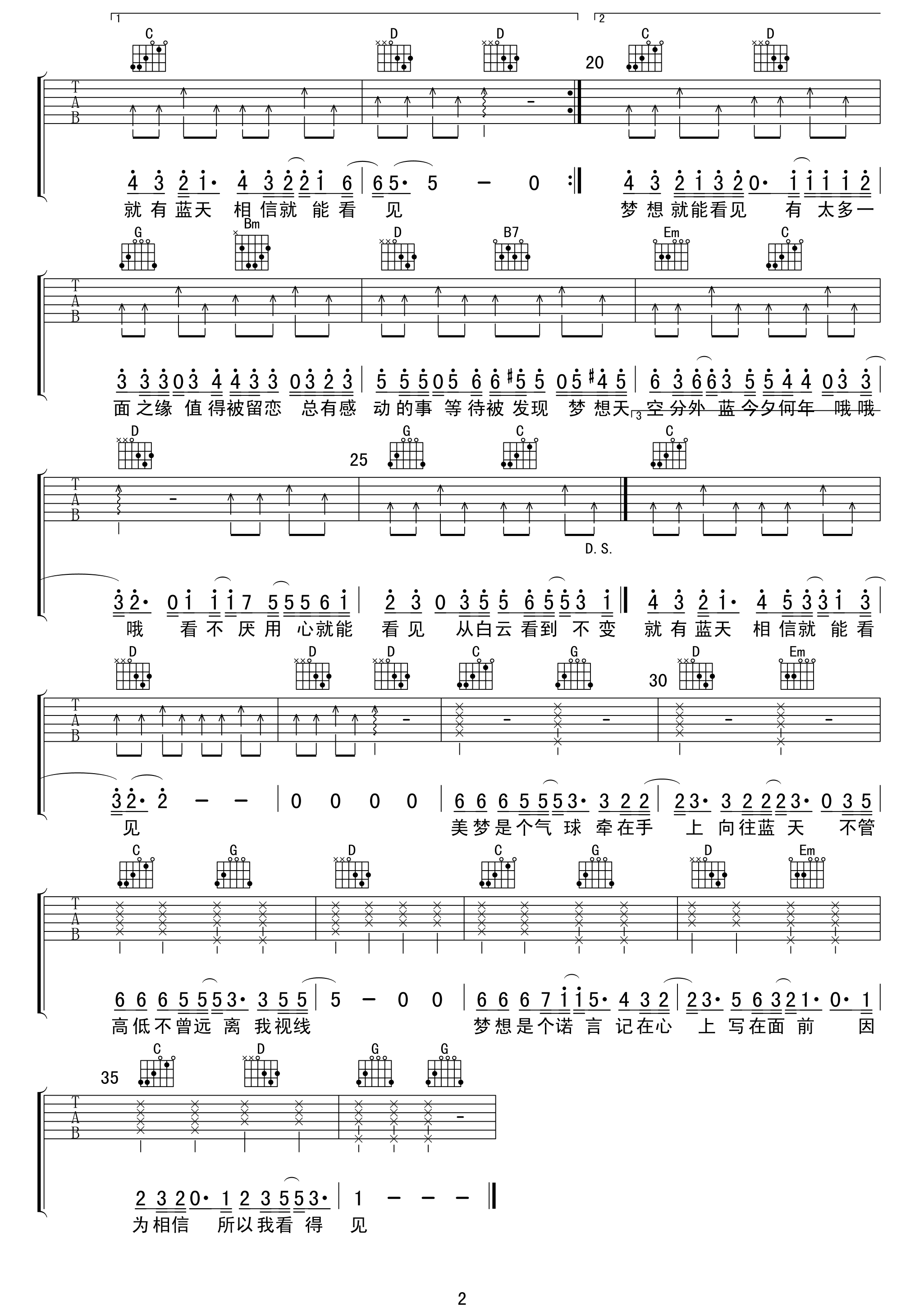 梦想天空分外蓝吉他谱 A调高清版_吃稀饭长得帅编配_陈奕迅