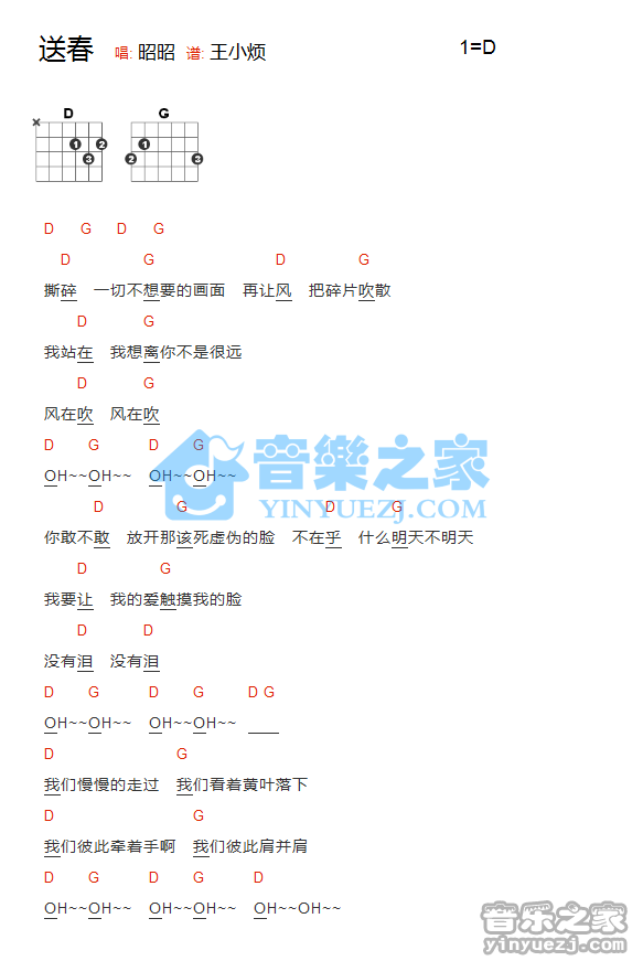 送春吉他谱 D调和弦谱_音乐之家编配_昭昭-吉他谱_吉他弹唱六线谱_指弹吉他谱_吉他教学视频 - 民谣吉他网