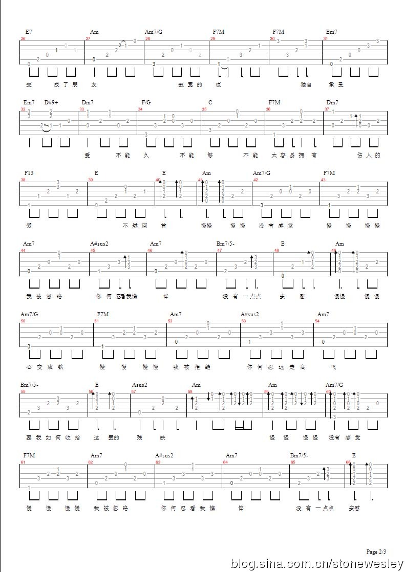 慢慢吉他谱 F调六线谱_简单版_张学友