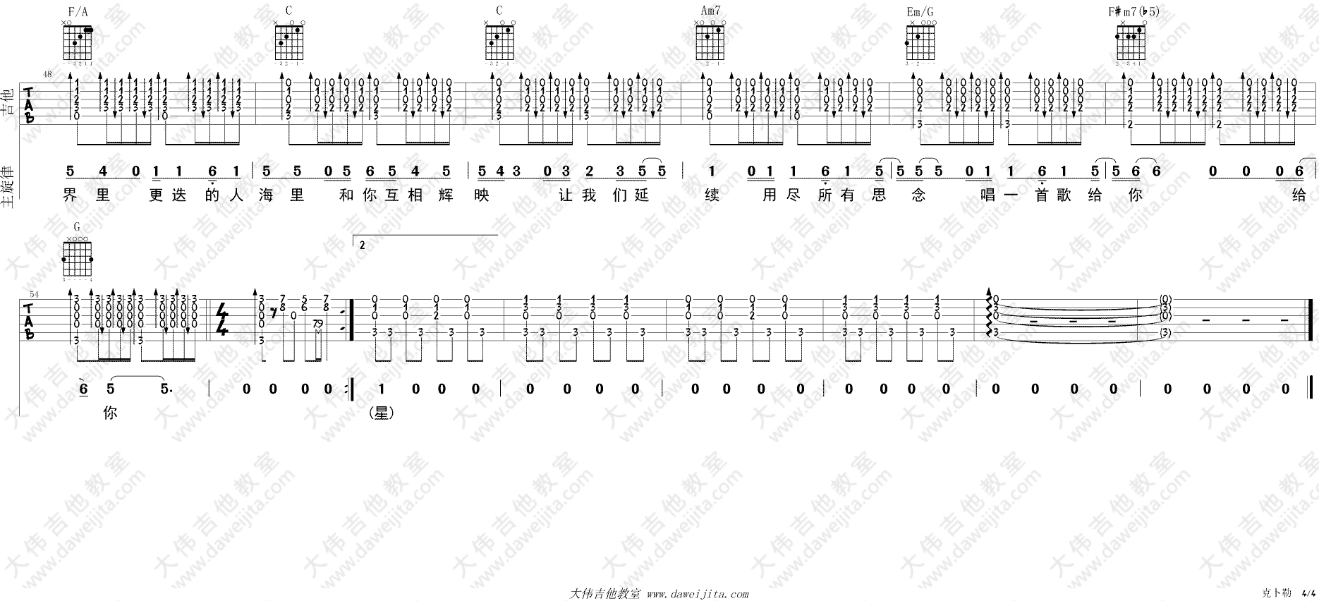 克卜勤吉他谱 C调精选版_大伟吉他教室编配_孙燕姿