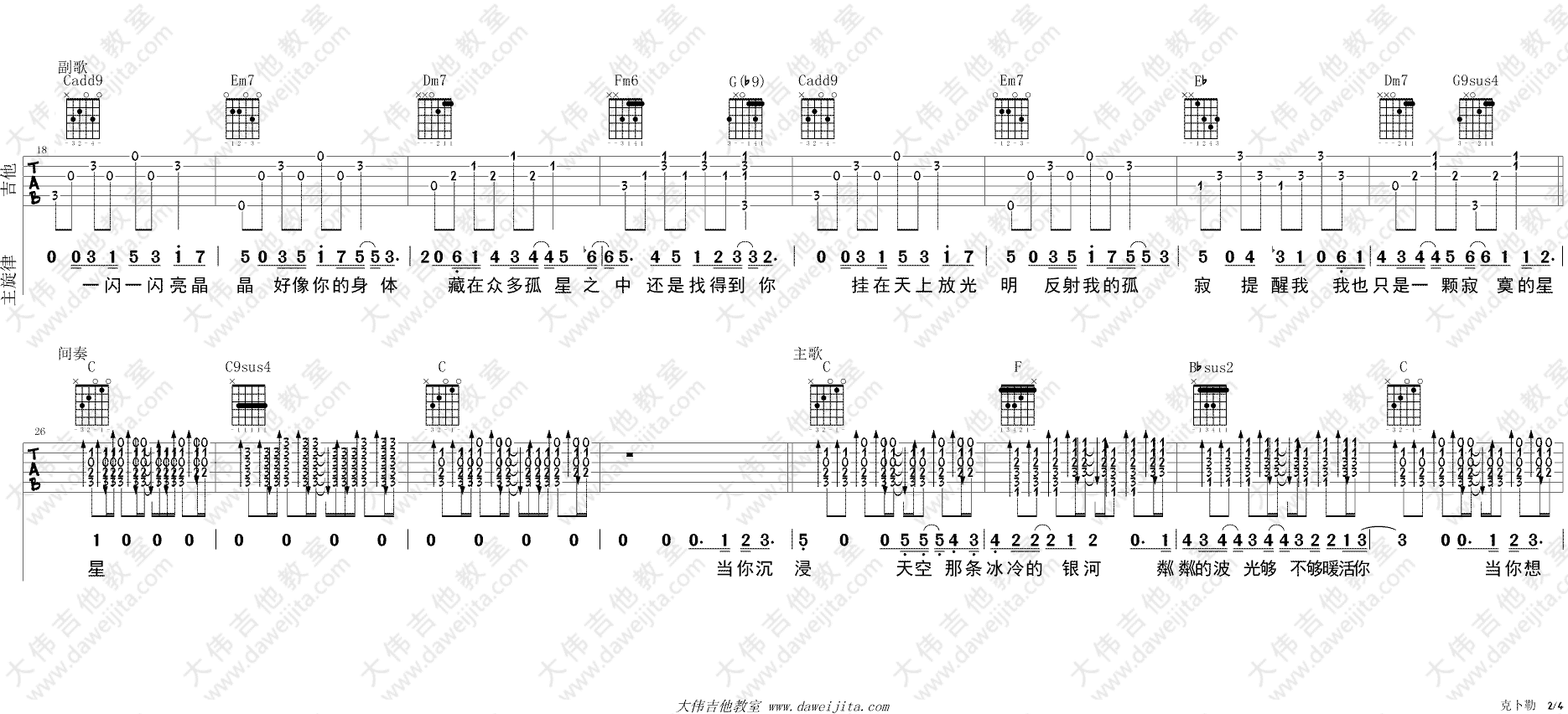 克卜勤吉他谱 C调精选版_大伟吉他教室编配_孙燕姿