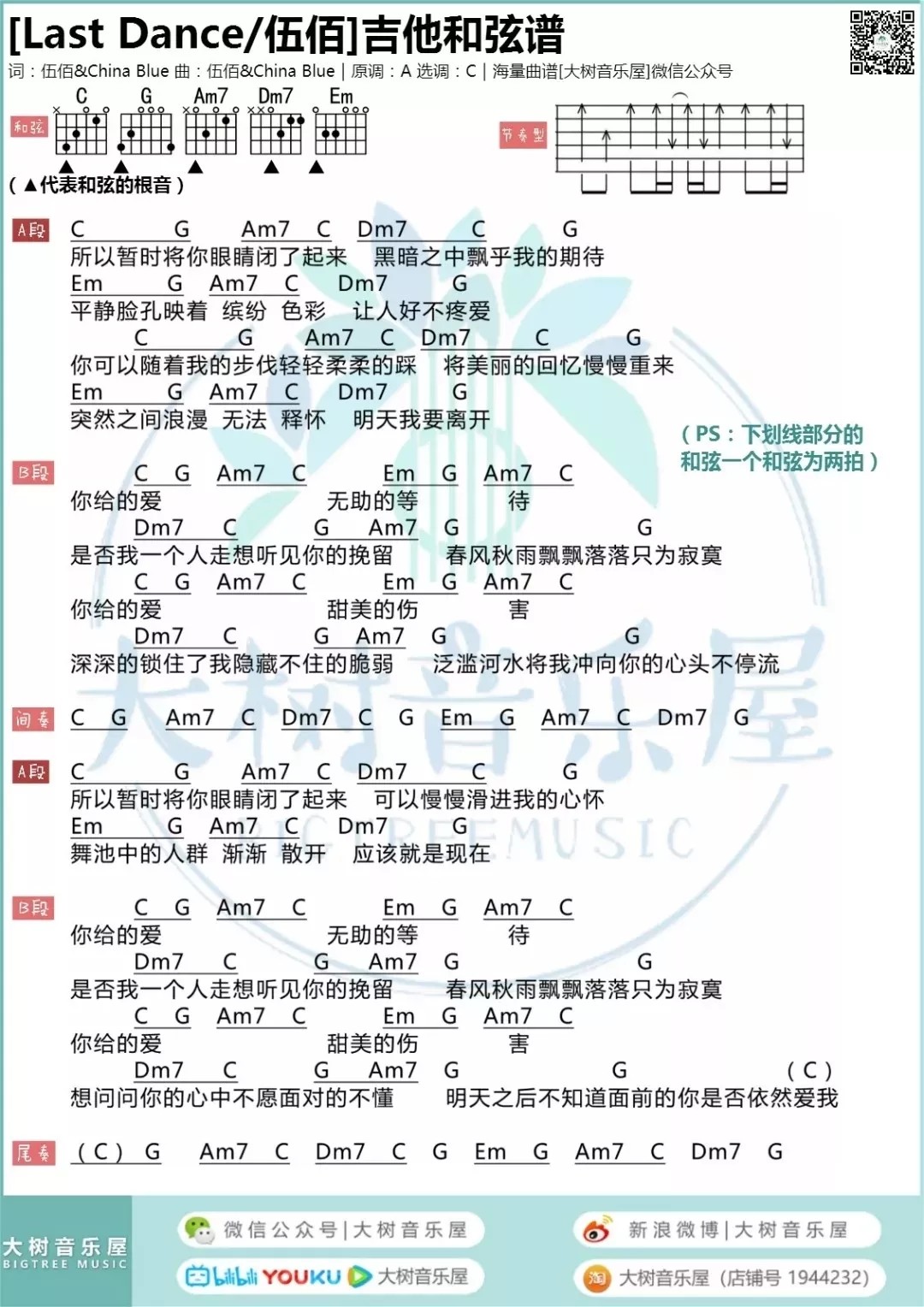 Last Dance吉他谱 C调和弦谱_大树音乐屋编配_伍佰-吉他谱_吉他弹唱六线谱_指弹吉他谱_吉他教学视频 - 民谣吉他网