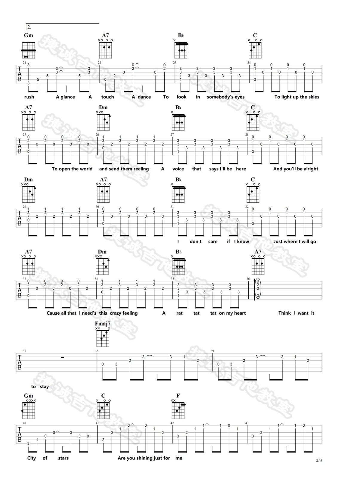 City of stars吉他谱 F调六线谱_捷城吉他教室编配_Ryan Gosling